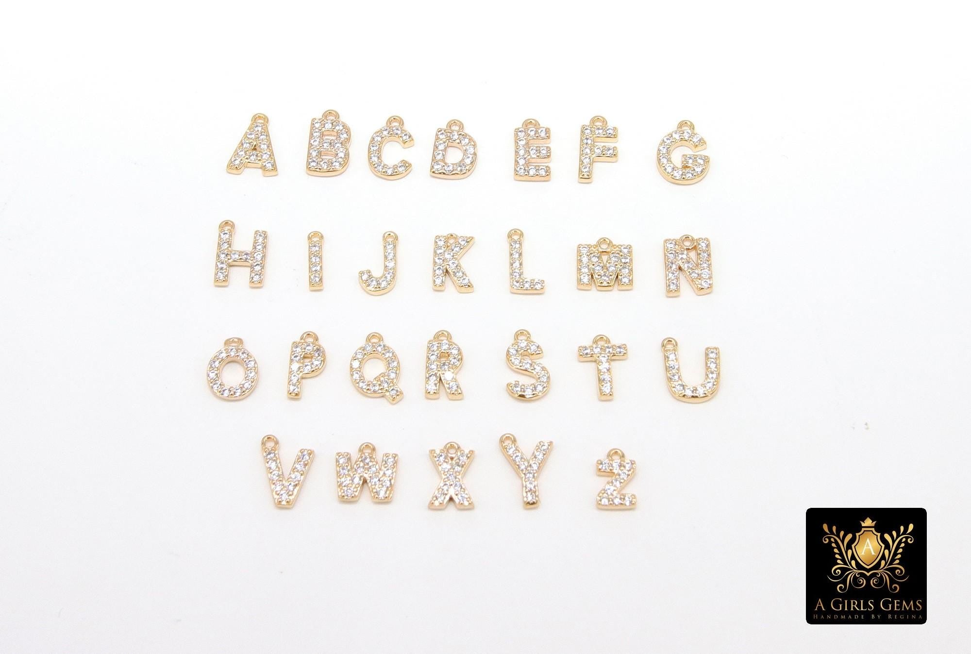 14 K Gold Filled CZ Alphabet Charms, 7 mm 925 Sterling Silver Initial With Jump Ring #3375, Letters