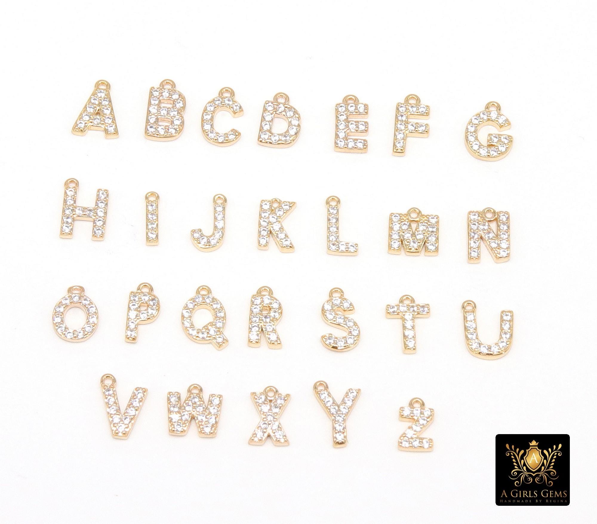 14 K Gold Filled CZ Alphabet Charms, 7 mm 925 Sterling Silver Initial With Jump Ring #3375, Letters