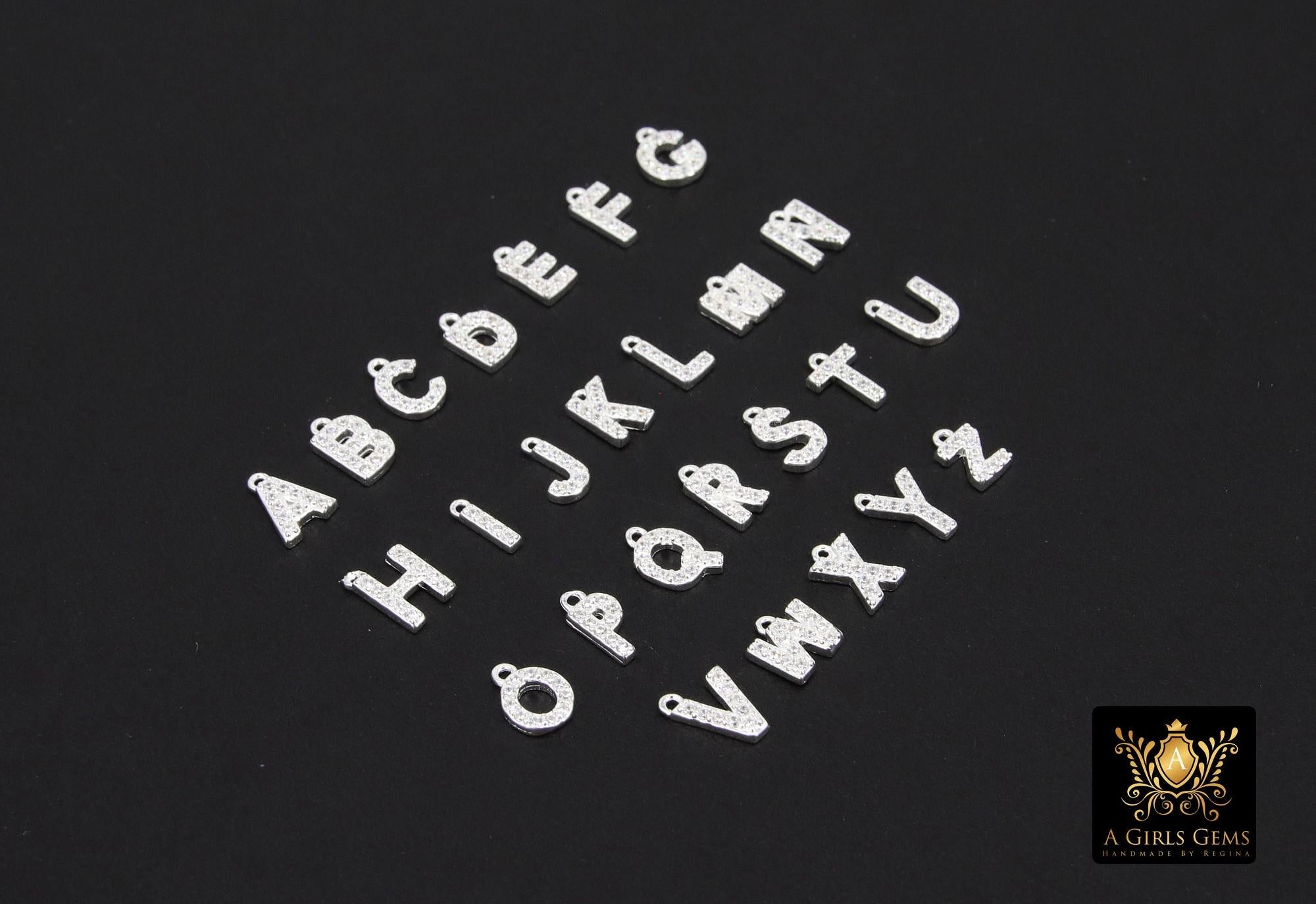 14 K Gold Filled CZ Alphabet Charms, 7 mm 925 Sterling Silver Initial With Jump Ring #3375, Letters