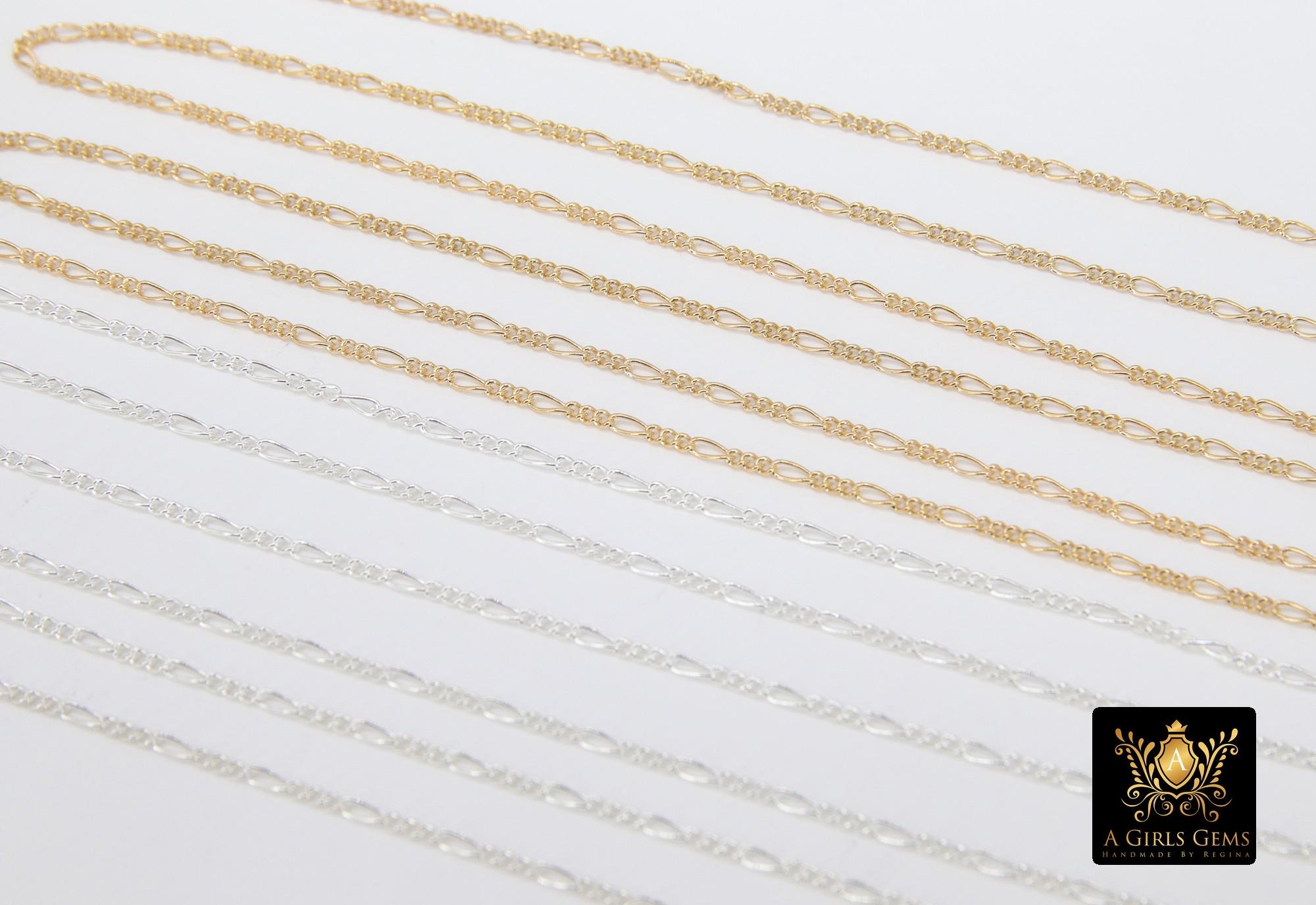 14 K Gold Filled Figaro Chains, 925 Sterling Silver Unfinished By The Foot CH #913 , 1.3 mm Dainty Long and Short #885