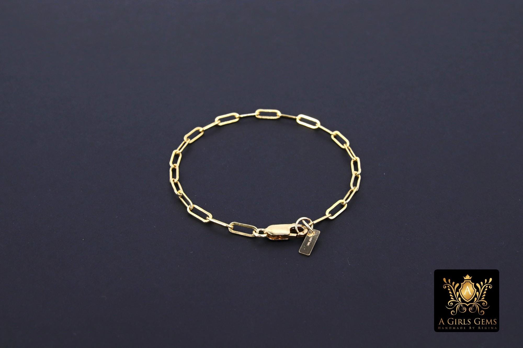 14 K Gold Filled Paperclip Chain Bracelet, Dainty Rectangle Chain Link Bracelet, Stamped 14/20