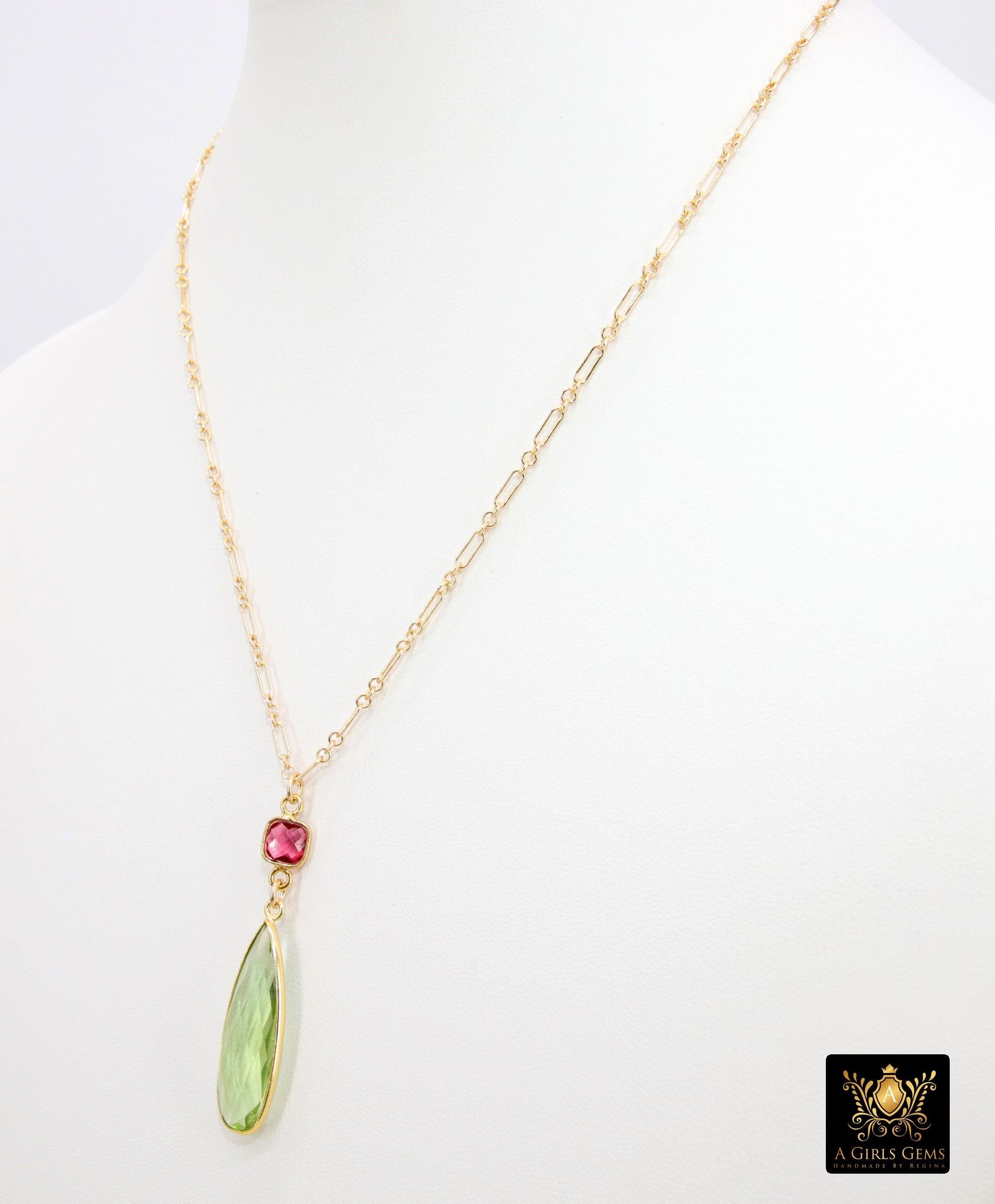 14 K Gold Filled Gemstone Necklace, Green Amethyst and Pink Tourmaline Gemstone Necklace, Long Short Chain Necklace