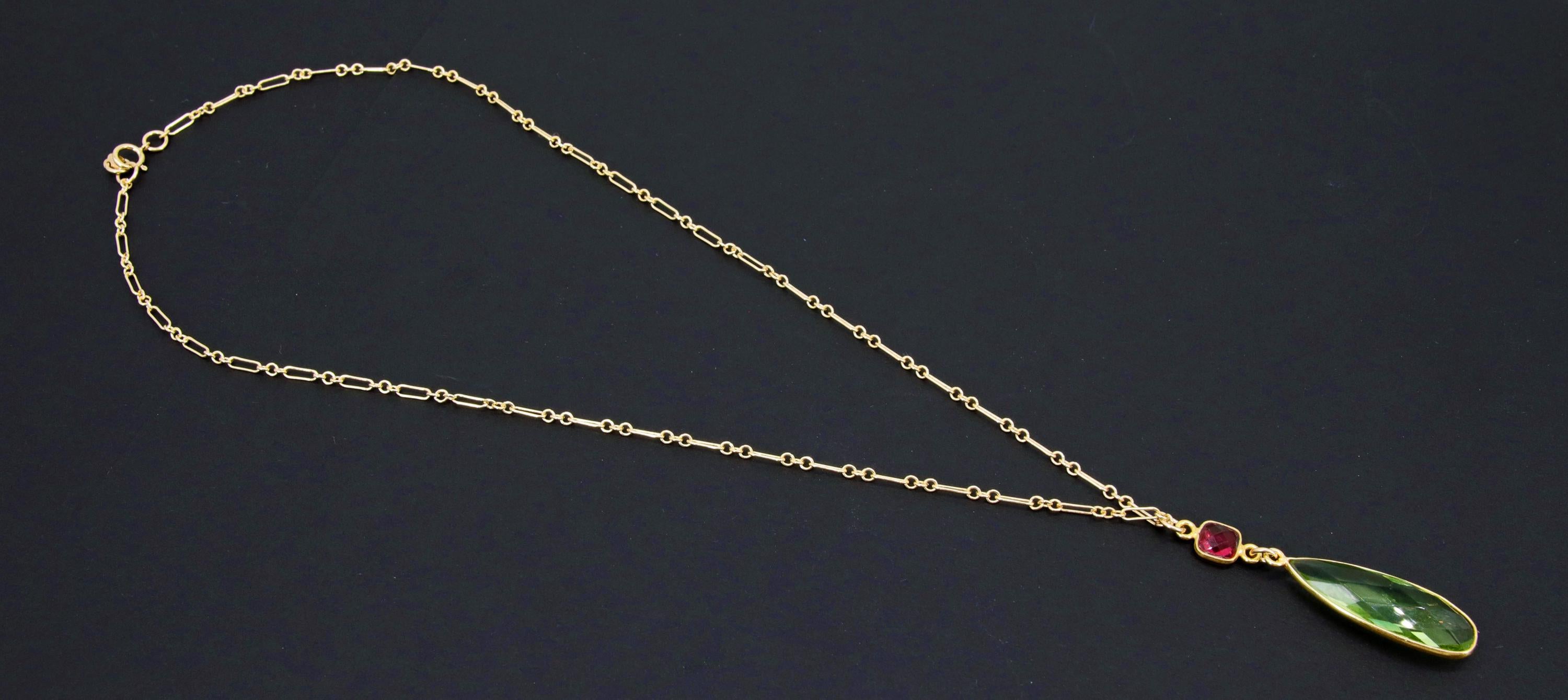 14 K Gold Filled Gemstone Necklace, Green Amethyst and Pink Tourmaline Gemstone Necklace, Long Short Chain Necklace