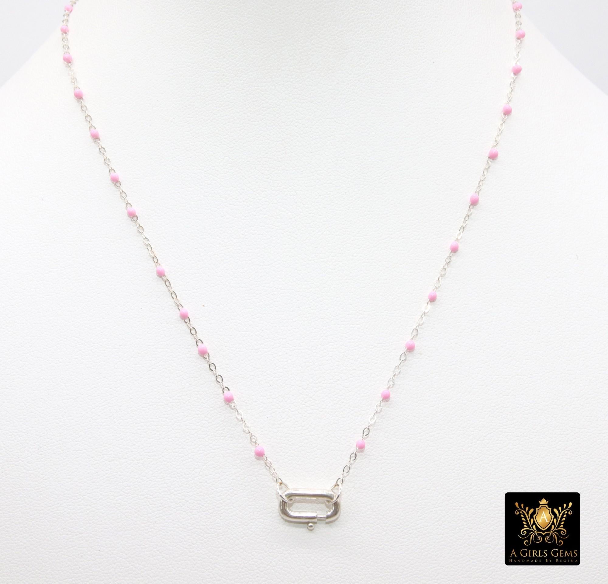 925 Sterling Silver Enamel Satellite Chain Necklace, Silver Beaded Dainty Choker, Front Charm Clasp Choker