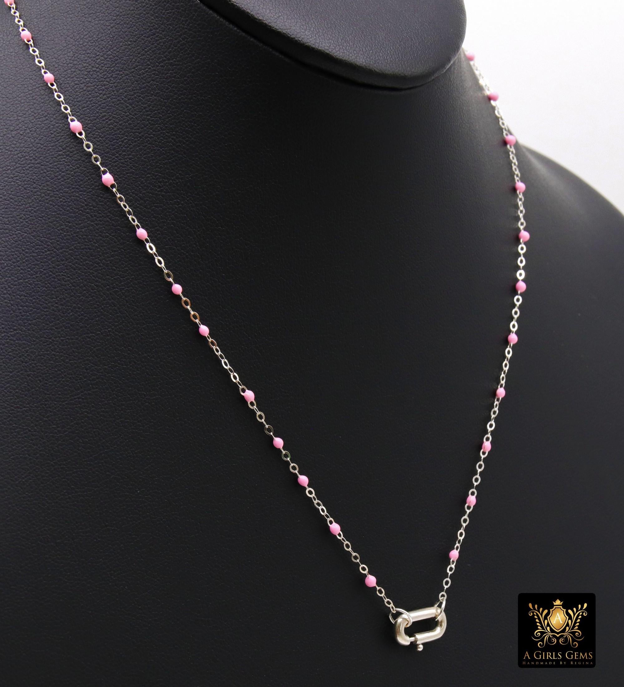 925 Sterling Silver Enamel Satellite Chain Necklace, Silver Beaded Dainty Choker, Front Charm Clasp Choker