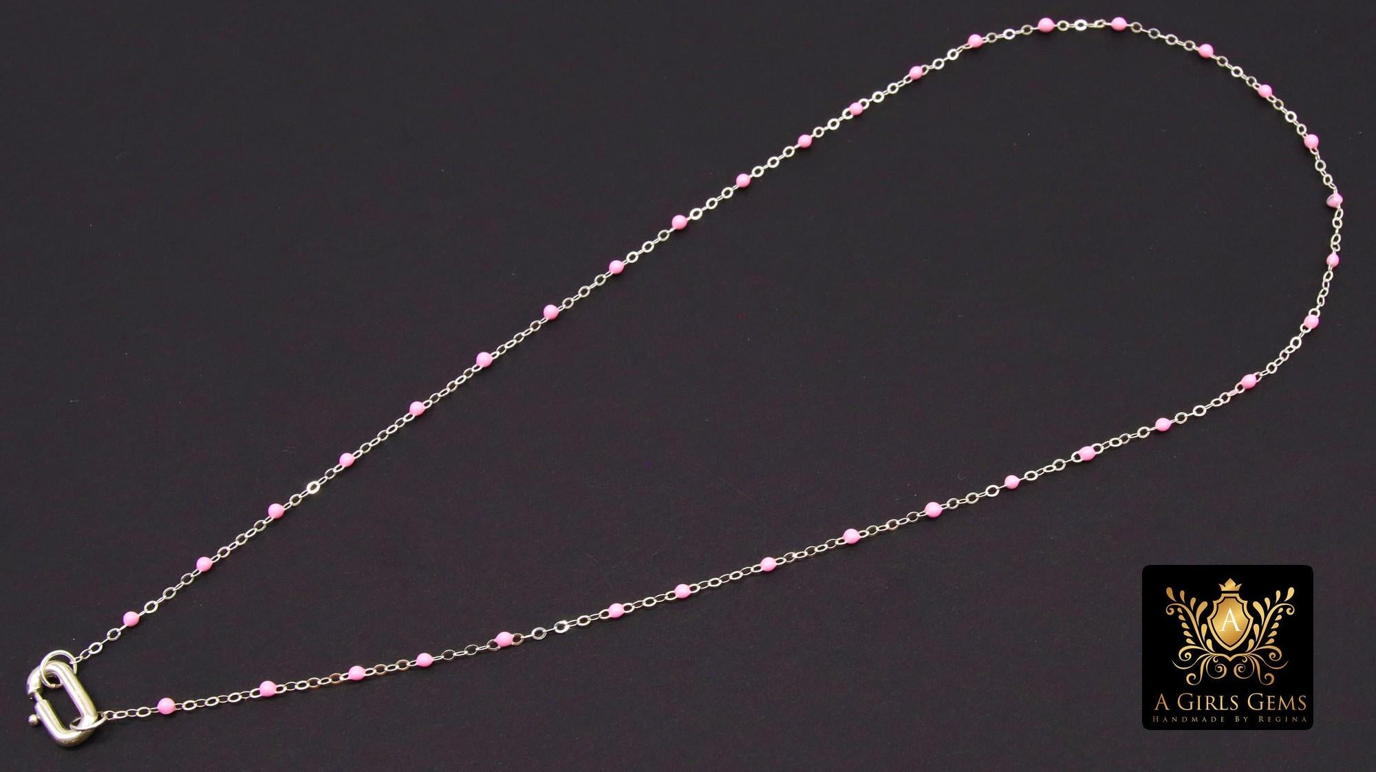 925 Sterling Silver Enamel Satellite Chain Necklace, Silver Beaded Dainty Choker, Front Charm Clasp Choker