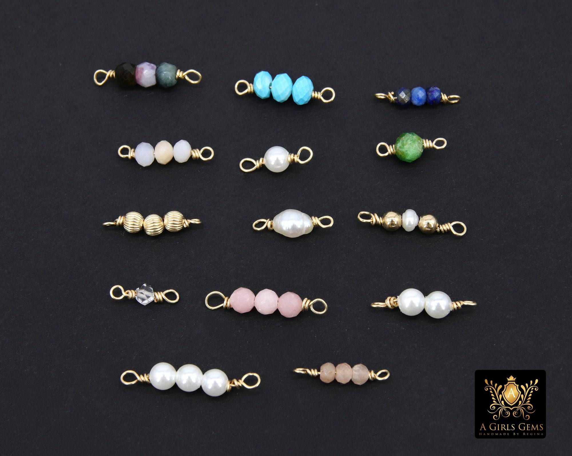 14 K Gold Wire Wrapped 3 Beads Connectors, 1 Beaded Gemstone Faceted Links #3603, Permanent Jewelry