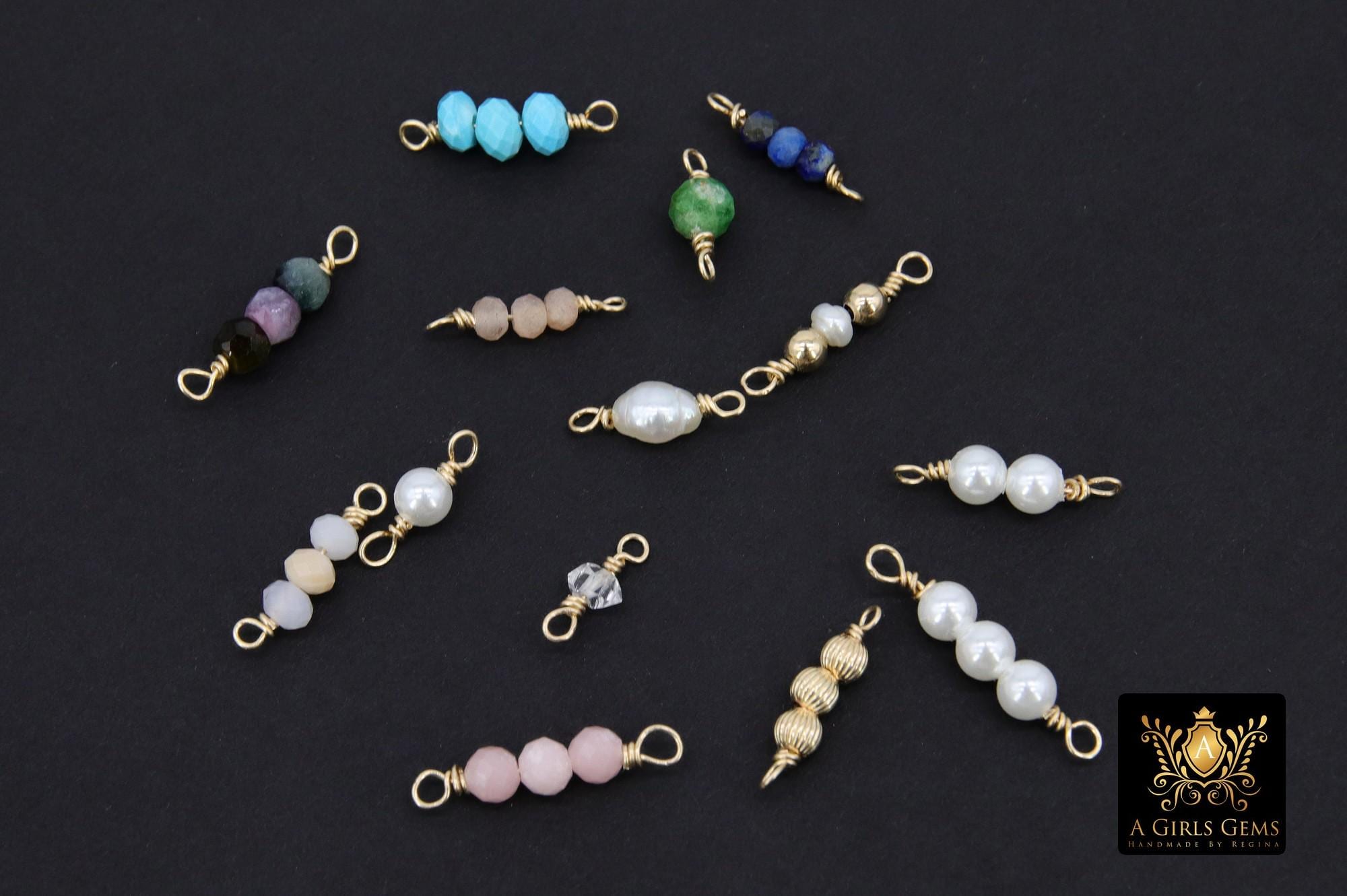 14 K Gold Wire Wrapped 3 Beads Connectors, 1 Beaded Gemstone Faceted Links, Permanent Jewelry Charms, Semi Precious Gemstones For Bracelets or Necklace Findings