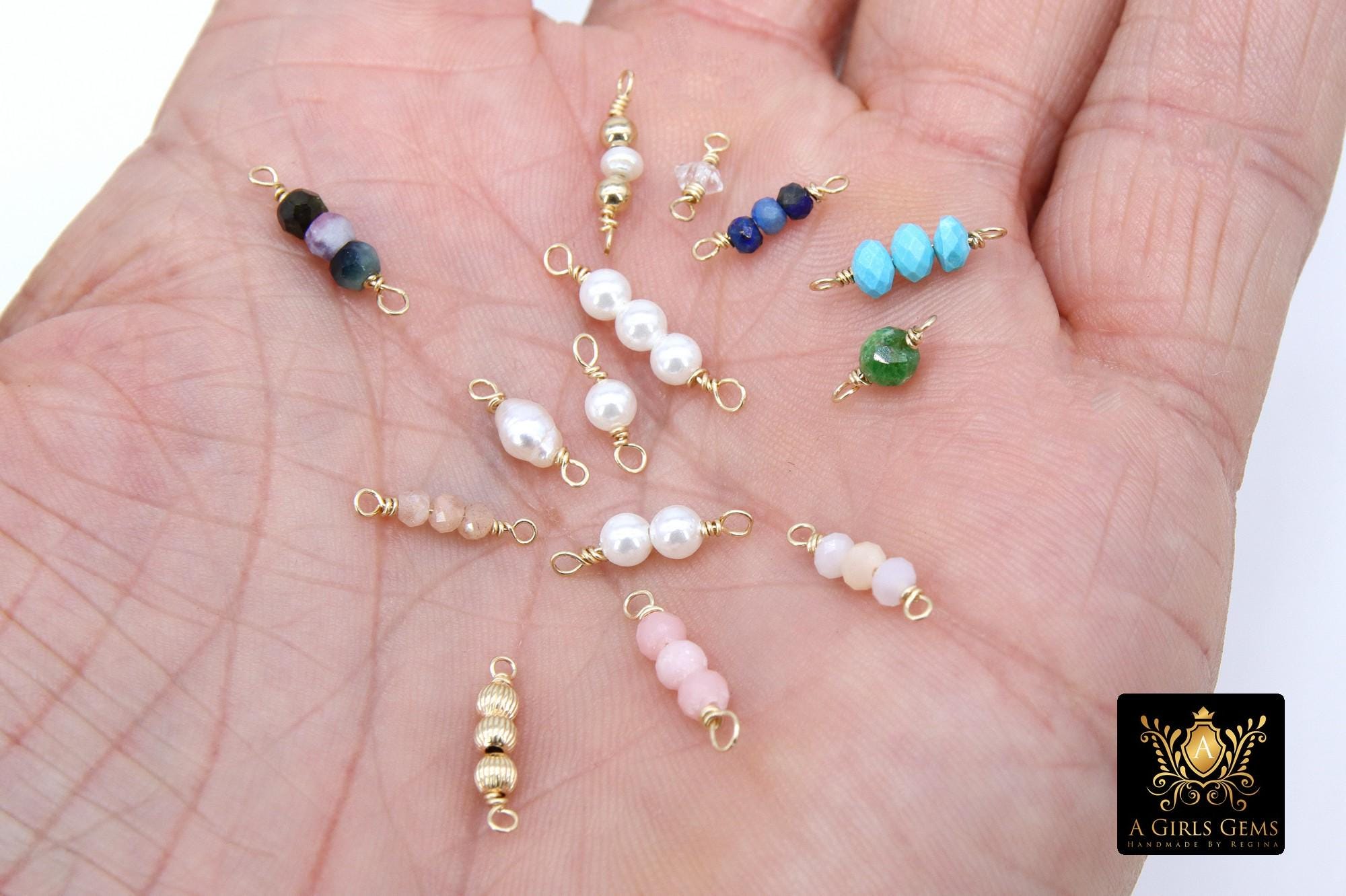 14 K Gold Wire Wrapped 3 Beads Connectors, 1 Beaded Gemstone Faceted Links #3603, Permanent Jewelry