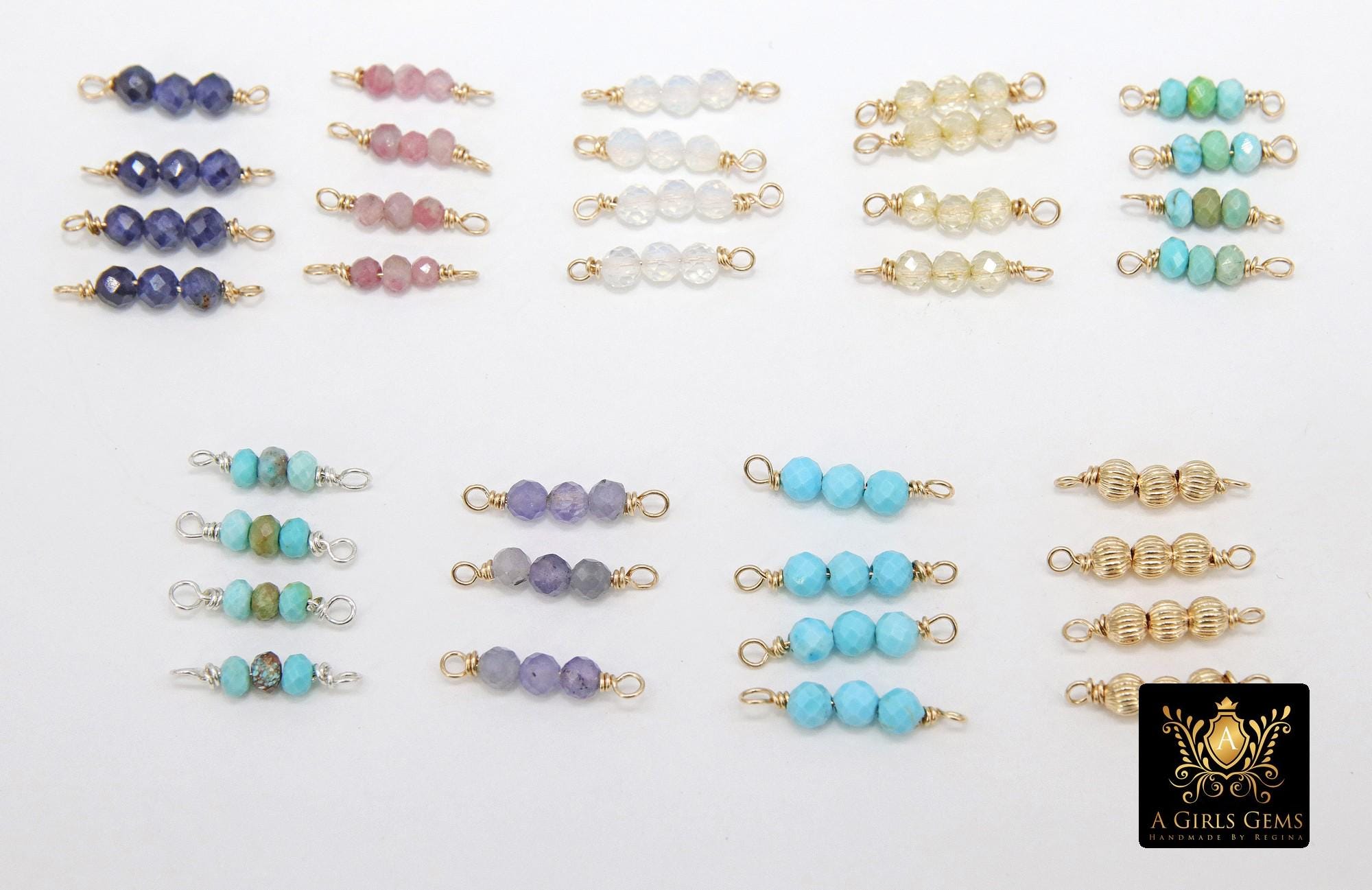 14 K Gold Wire Wrapped 3 Beads Connectors, Birthstone Beaded Gemstone Faceted Links #3598, Permanent Jewelry