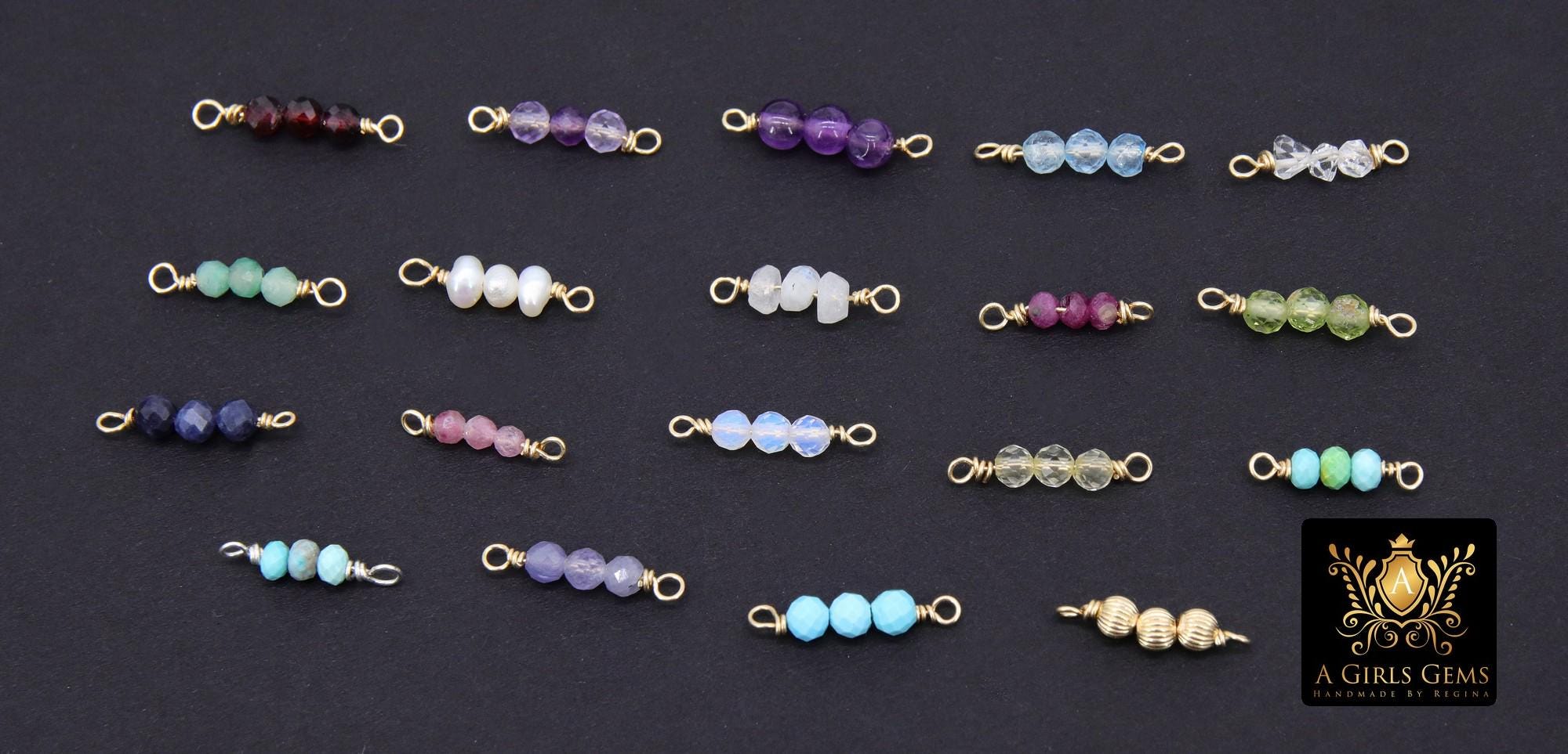 14 K Gold Wire Wrapped 3 Beads Connectors, Birthstone Beaded Gemstone Faceted Links #3598, Permanent Jewelry