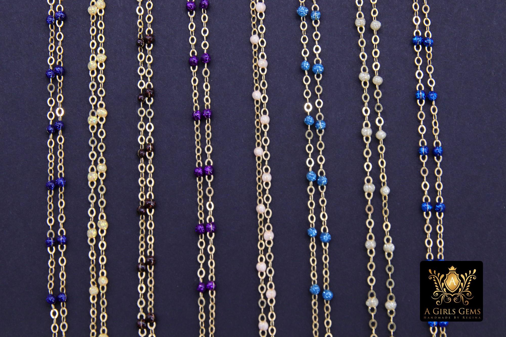 14 K Gold Filled Dainty Bead Enamel Satellite Chain, New Rainbow Beads CH #799, By Foot Unfinished Cable