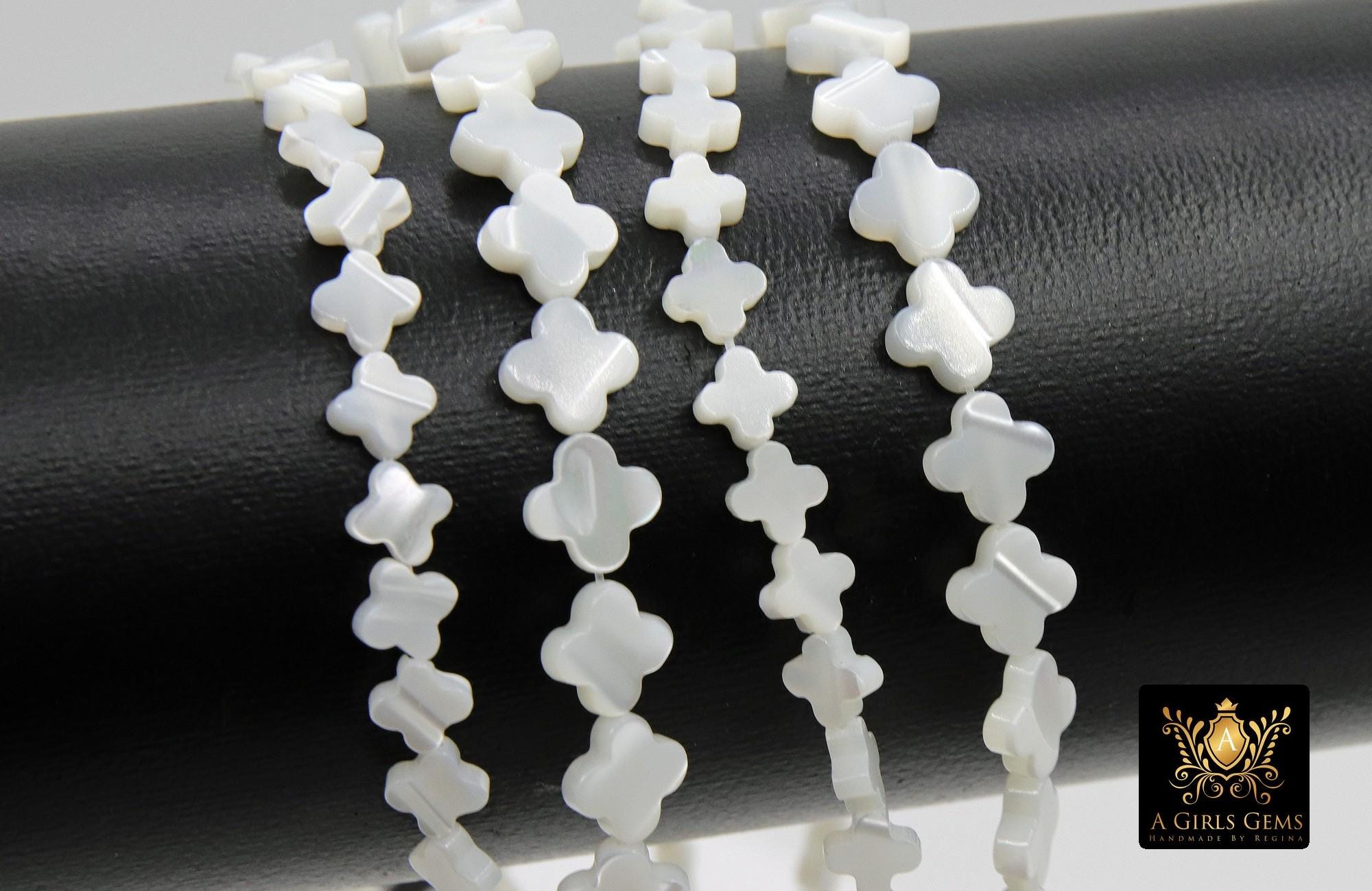 Mother of Pearl Clover 6 mm Beads, 5 Pc Shell Small Dainty Quatrefoil Beads #906, Side to Side Holes, 8 mm Beads