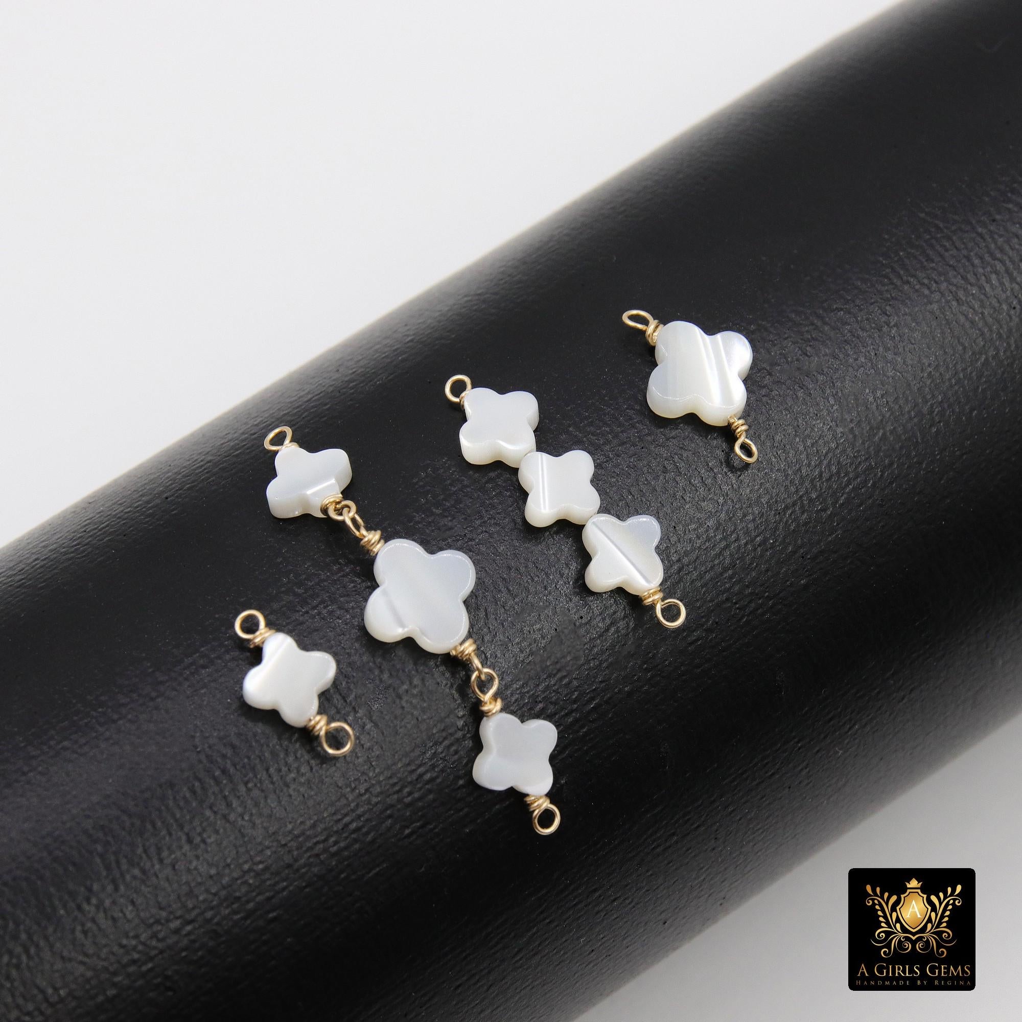 14 K Gold Filled Clover Connector, Wire Wrapped Mother of Pearl Quatrefoil #3902, Beaded Clover Links