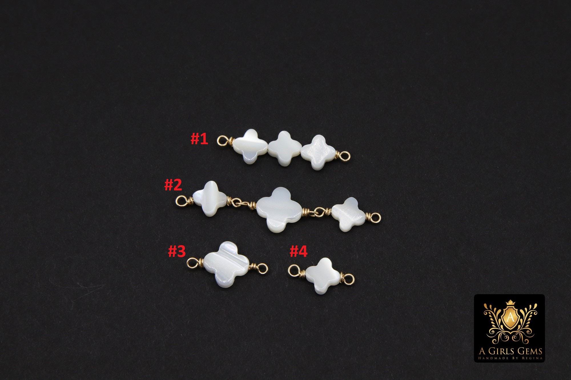 14 K Gold Filled Clover Connector, Wire Wrapped Mother of Pearl Quatrefoil #3902, Beaded Clover Links