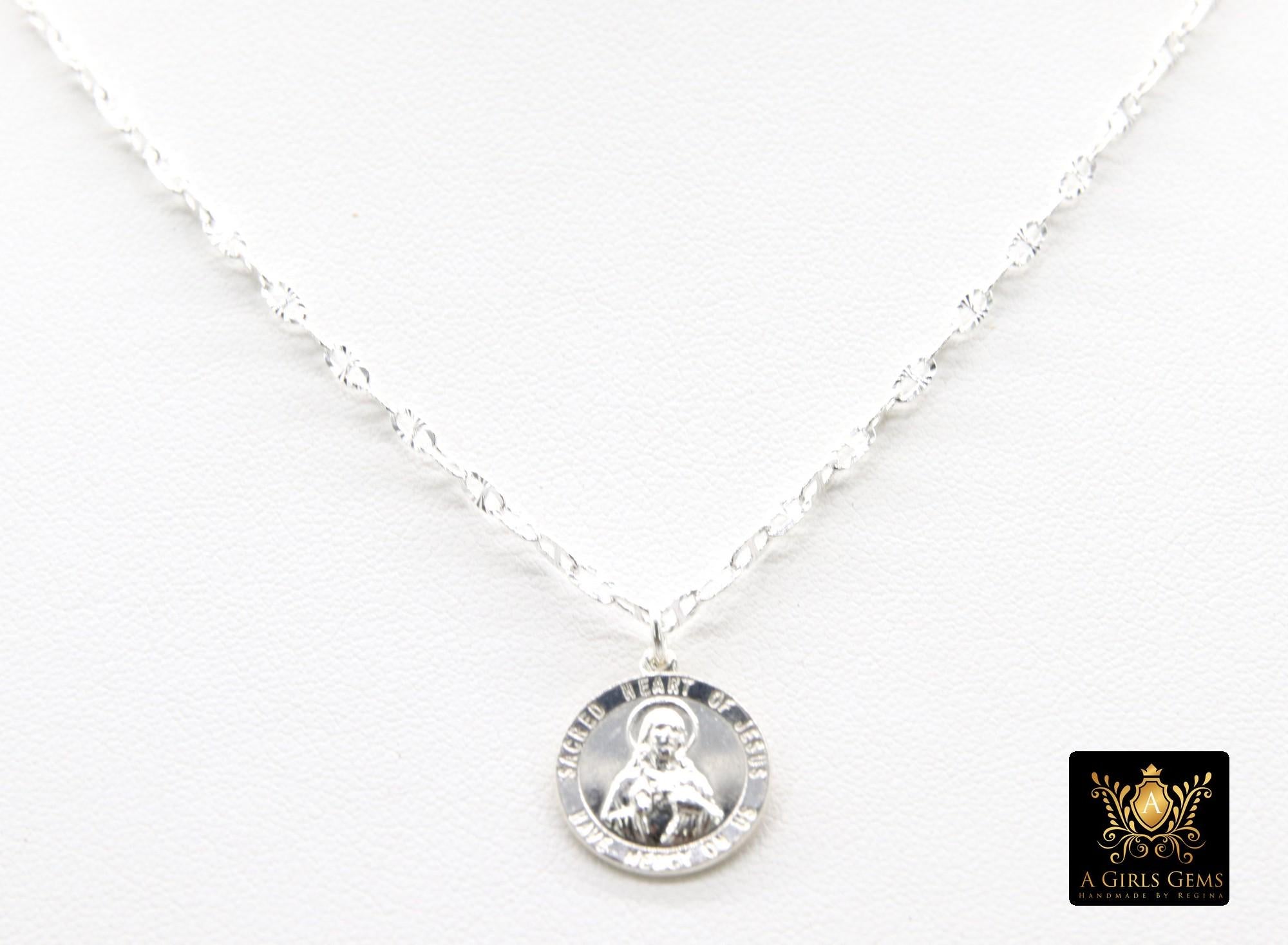925 Sterling Silver Sacred Heart Chain Bar Necklace, 14 K Gold Filled Jesus Choker, Religious Nugget Mariner Necklace