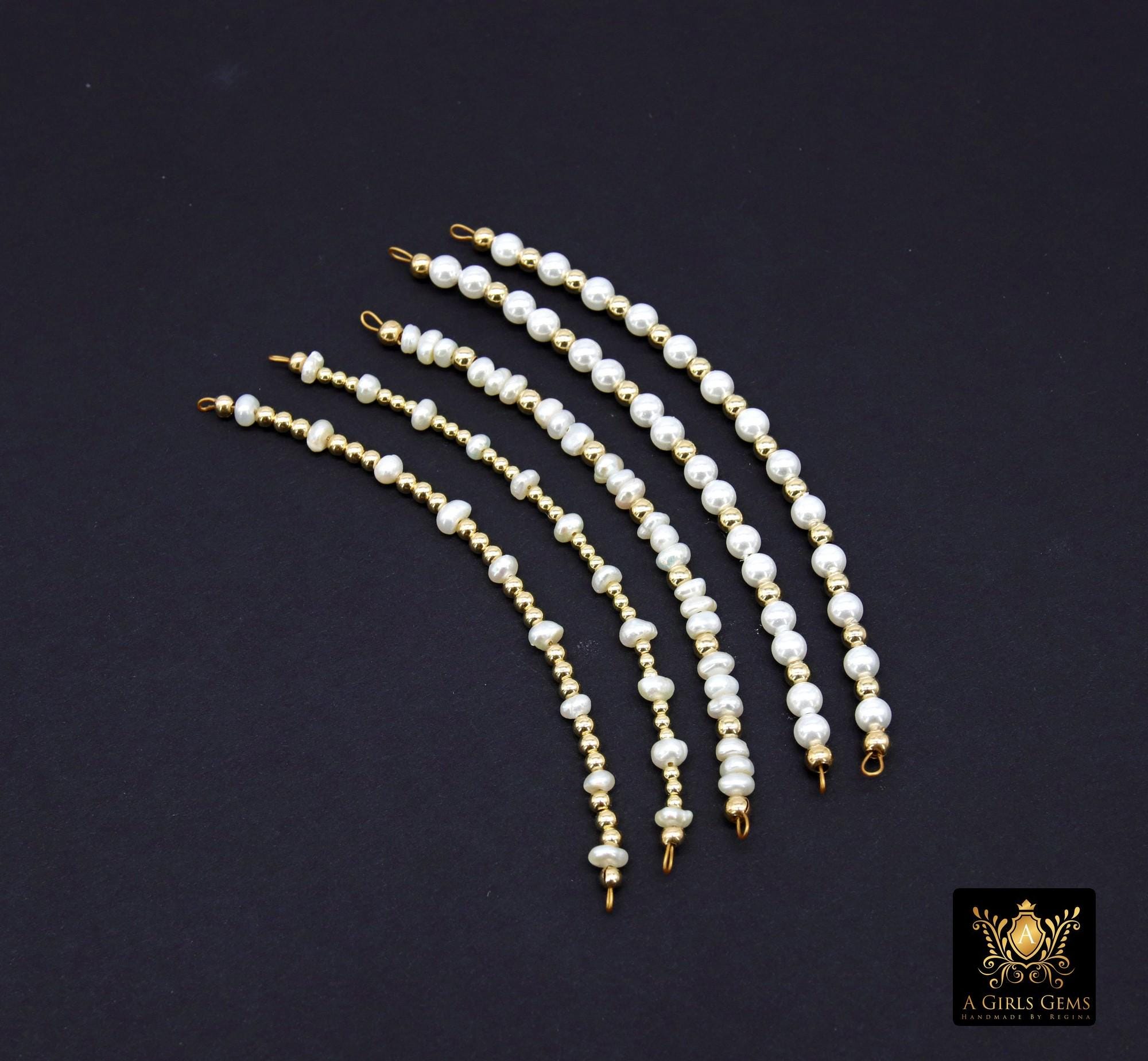 14K Gold Filled Beaded Connectors, Long Bar Freshwater Pearl Connectors, 4 mm Sea Pearls, 2 and 3 mm Rondelles, Wire Wrapped, Permanent Jewelry