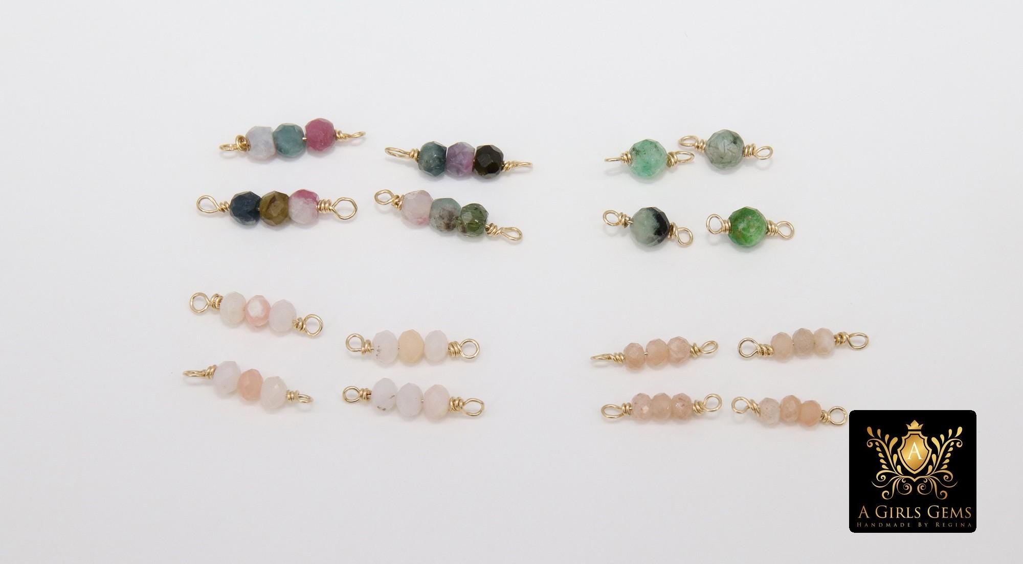 14 K Gold Wire Wrapped 3 Beads Connectors, 1 Beaded Gemstone Faceted Links #3603, Permanent Jewelry
