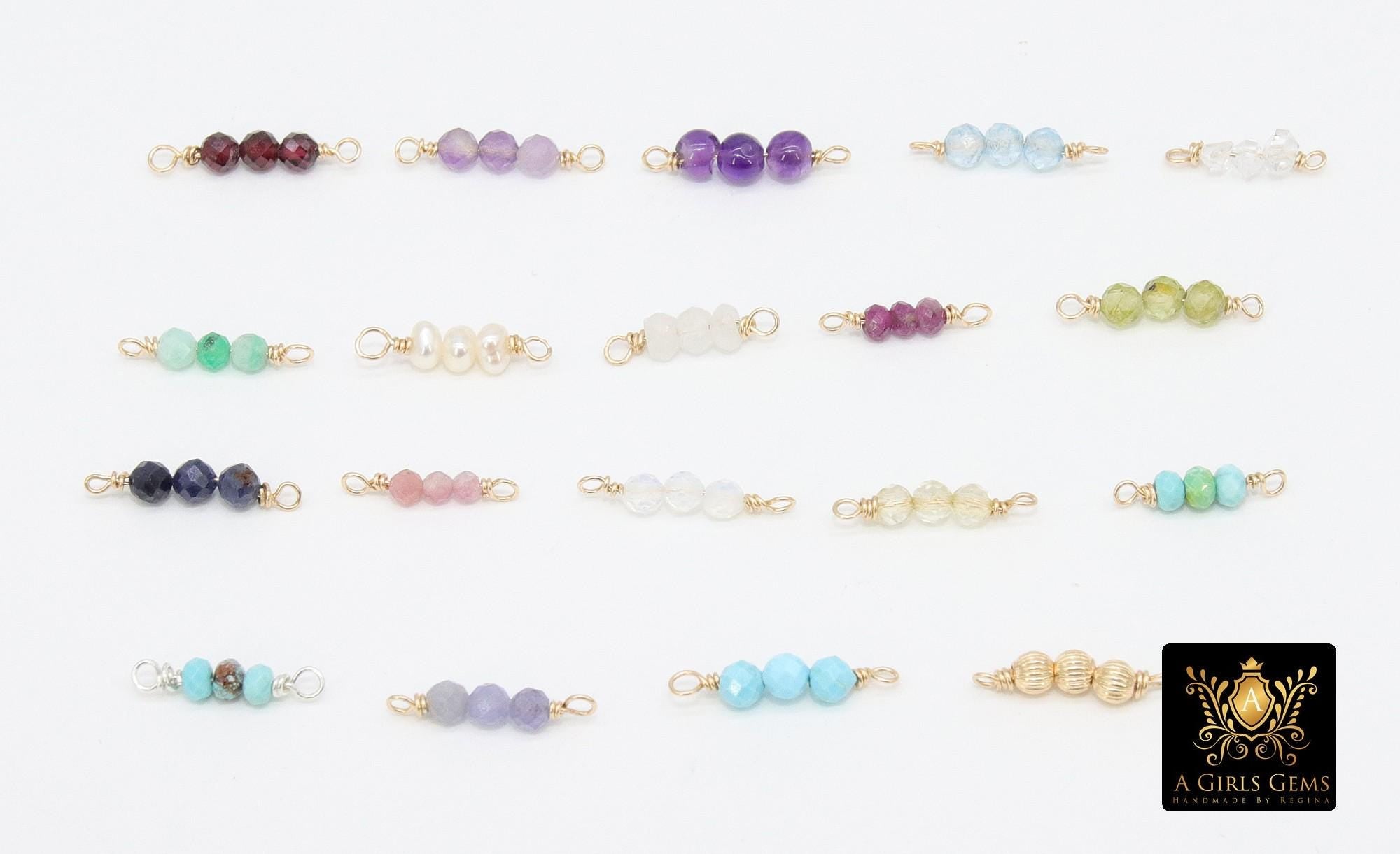 14 K Gold Wire Wrapped 3 Beads Connectors, Birthstone Beaded Gemstone Faceted Links #3598, Permanent Jewelry