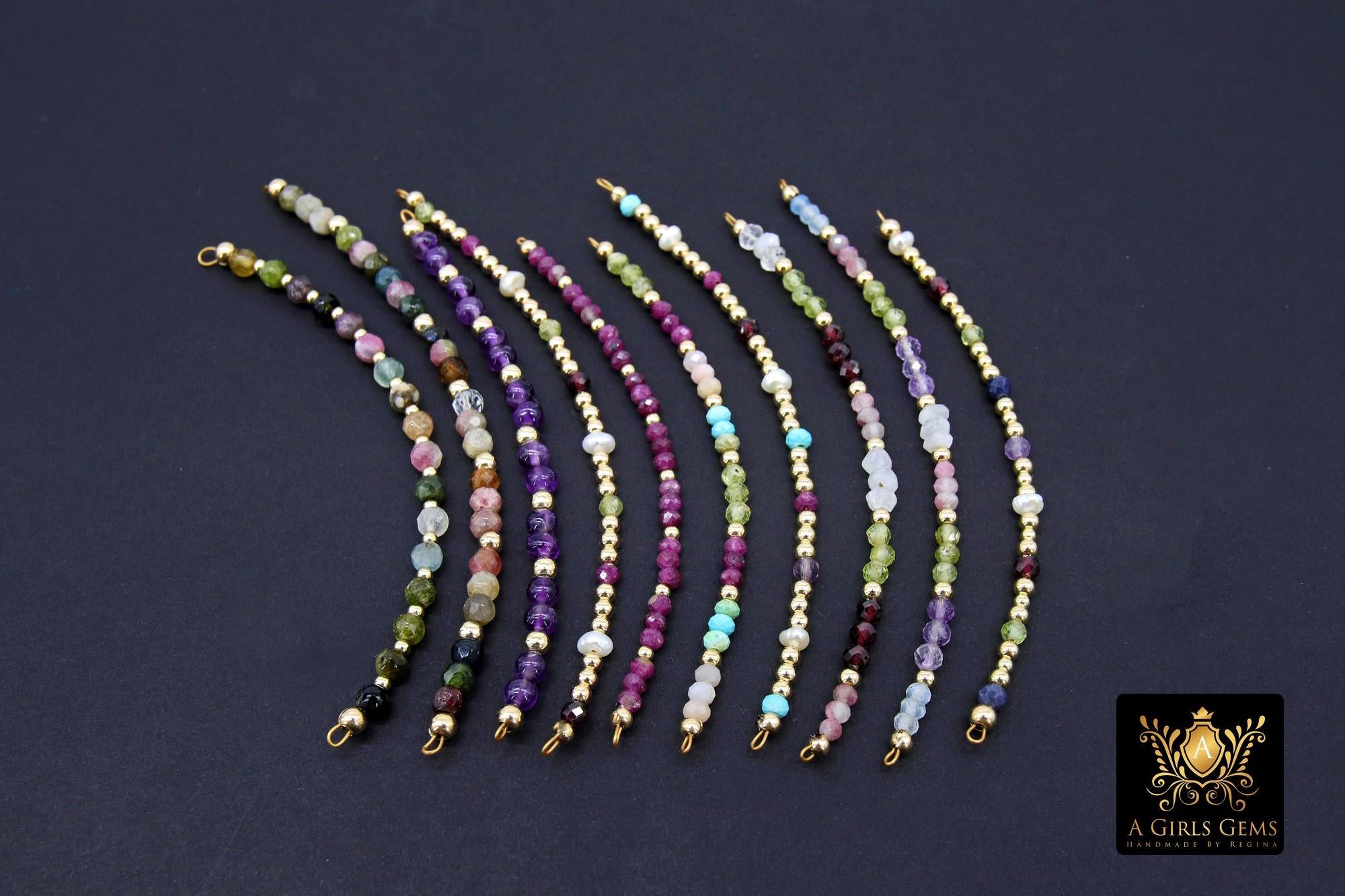 14 K Gold Filled Beaded Connectors, Beaded Bar Mixed Faceted Stone Connectors, Permanent Jewelry Half Bracelet Charms, Tiny Gemstones, Pearls, Blue Turquoise