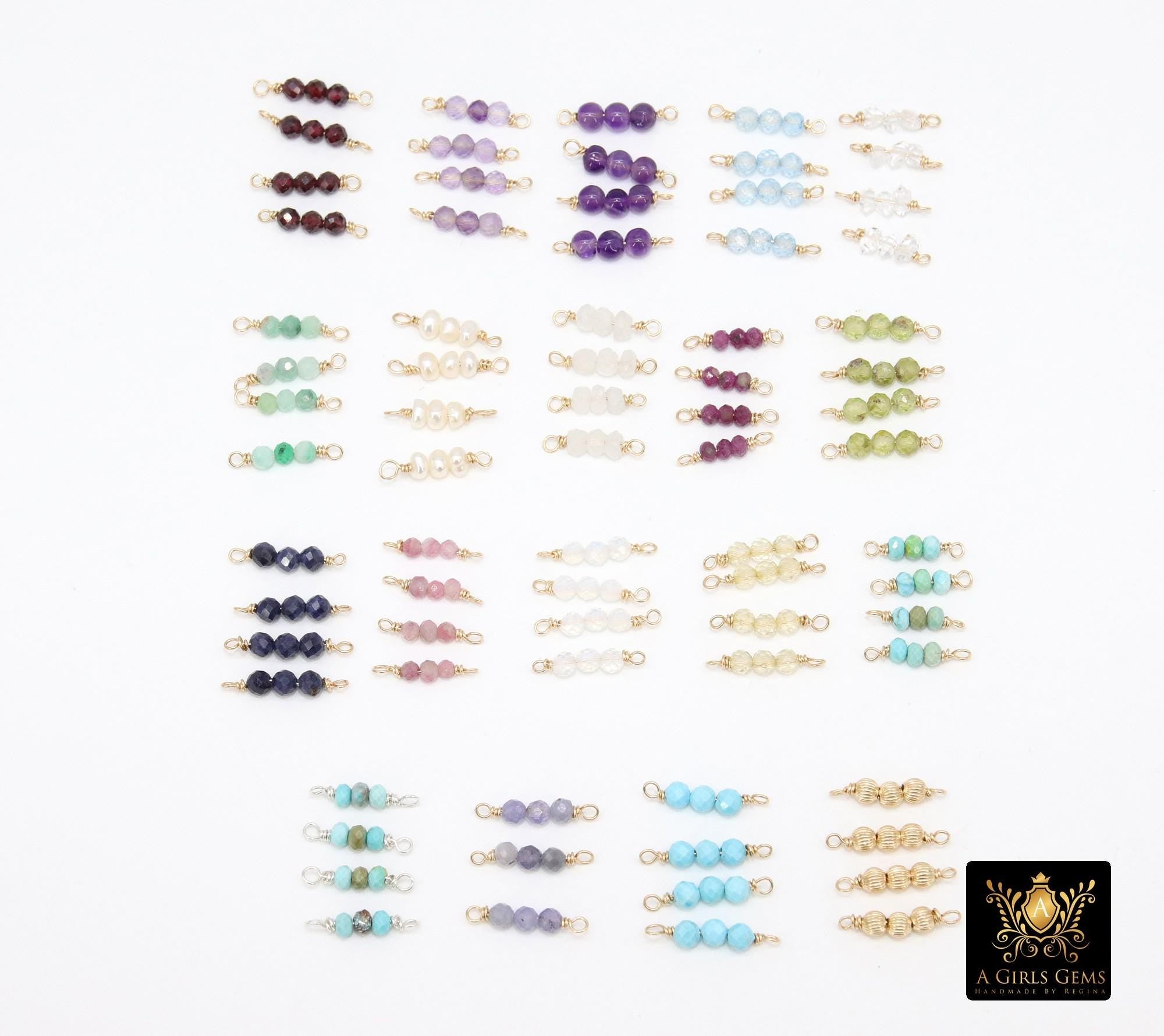 14 K Gold Wire Wrapped 3 Beads Connectors, Birthstone Beaded Gemstone Faceted Links, Permanent Jewelry Charms, Semi Precious Gemstones, Birthday Gifts For Bracelet and Necklace Findings