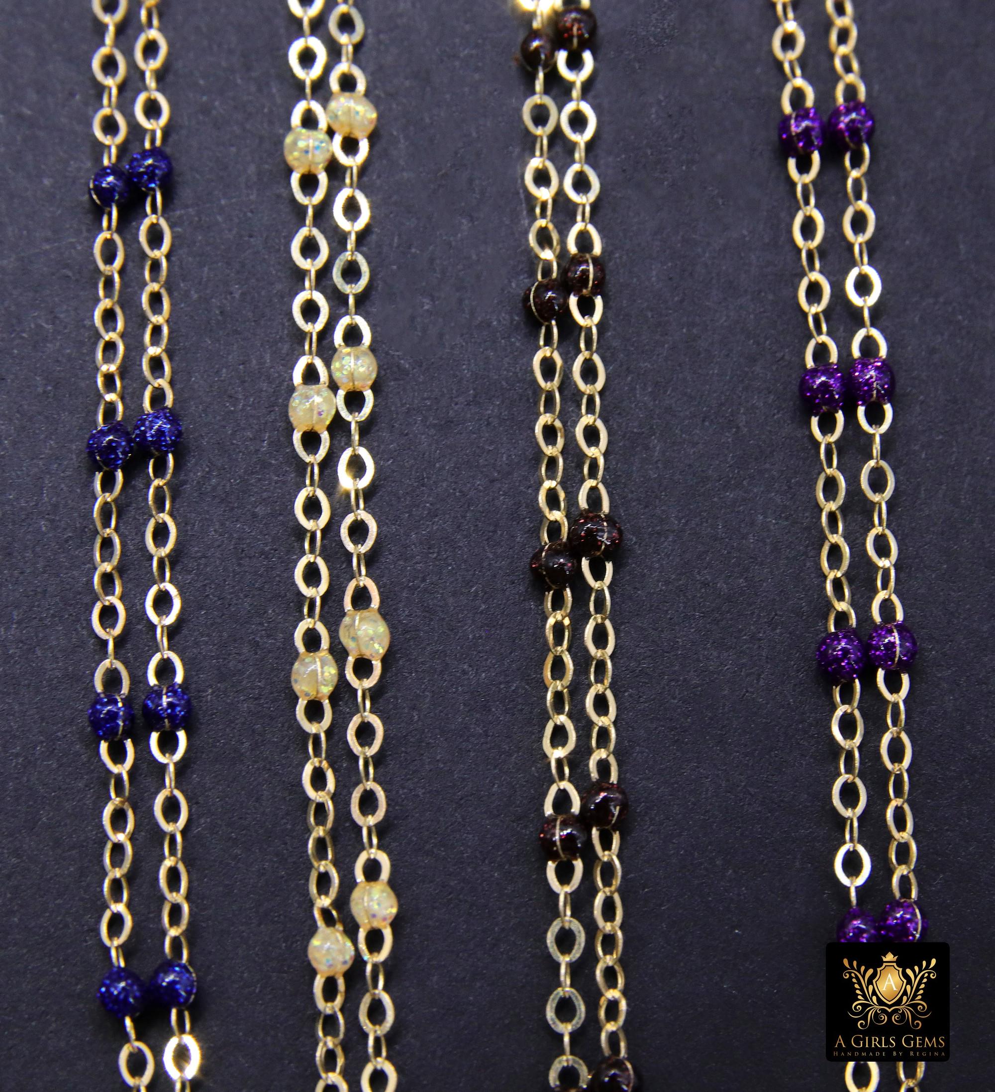 14 K Gold Filled Dainty Beaded Enamel Satellite Chain, Bead Rainbow Jewelry CH #799, By Foot Unfinished Cable