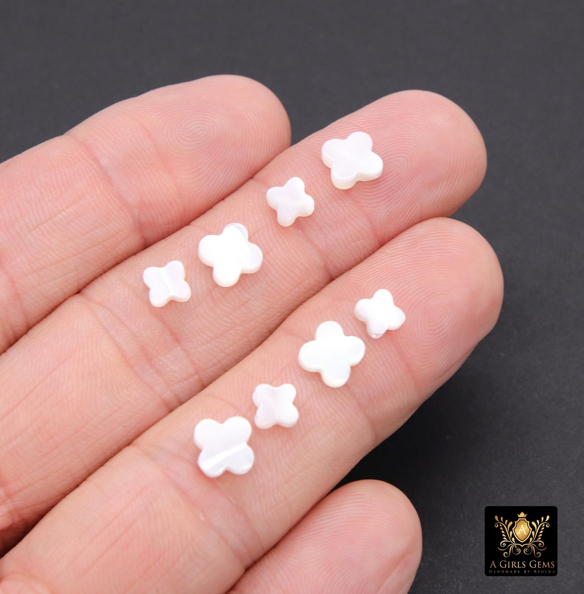 Mother of Pearl Clover 6 mm Beads, 5 Pc Shell Small Dainty Quatrefoil Beads #906, Side to Side Holes, 8 mm Beads