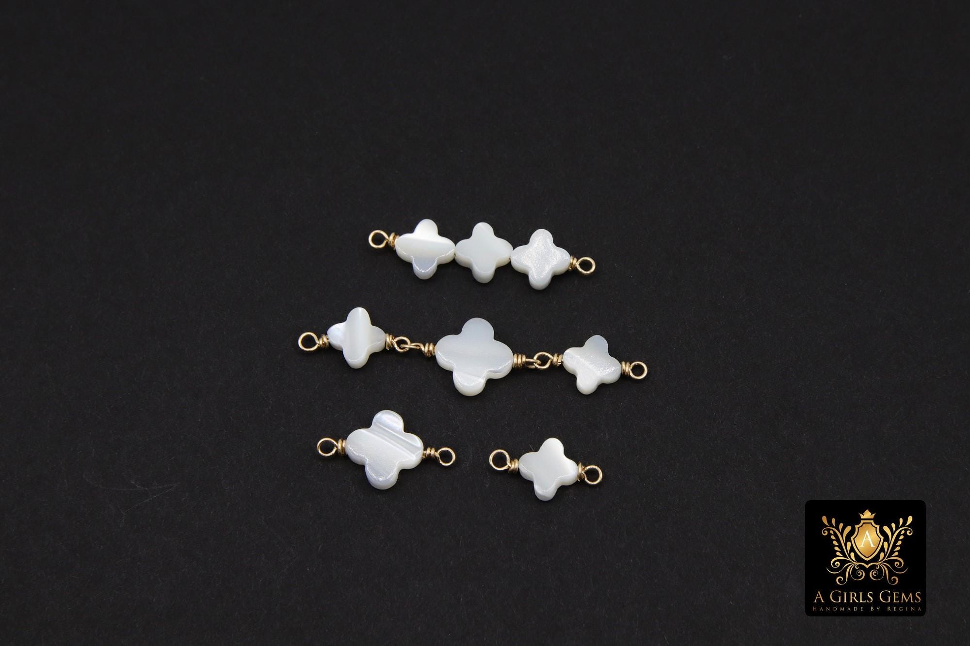 14 K Gold Filled Clover Connector, 925 Sterling Silver Handmade Wire Wrapped Mother of Pearl Quatrefoil, Clover Links, Permanent Jewelry