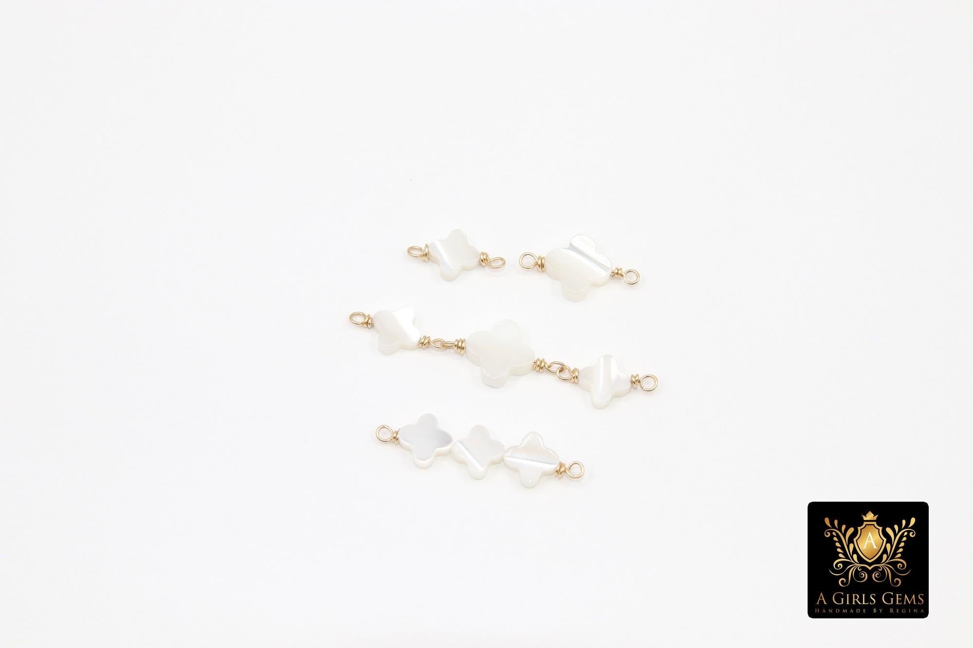 14 K Gold Filled Clover Connector, Wire Wrapped Mother of Pearl Quatrefoil #3902, Beaded Clover Links