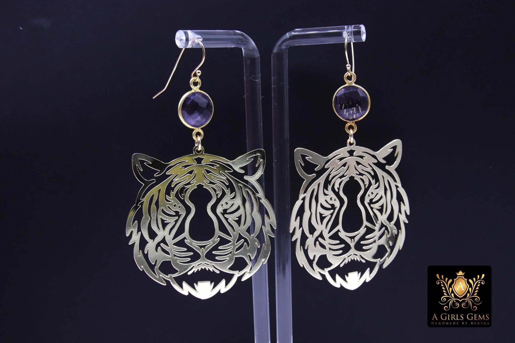 Gold Tiger Head Earrings, 14 K Gold Filled Hook Ear Wires AG# 3405, Purple Dangle LSU Gameday Jewelry