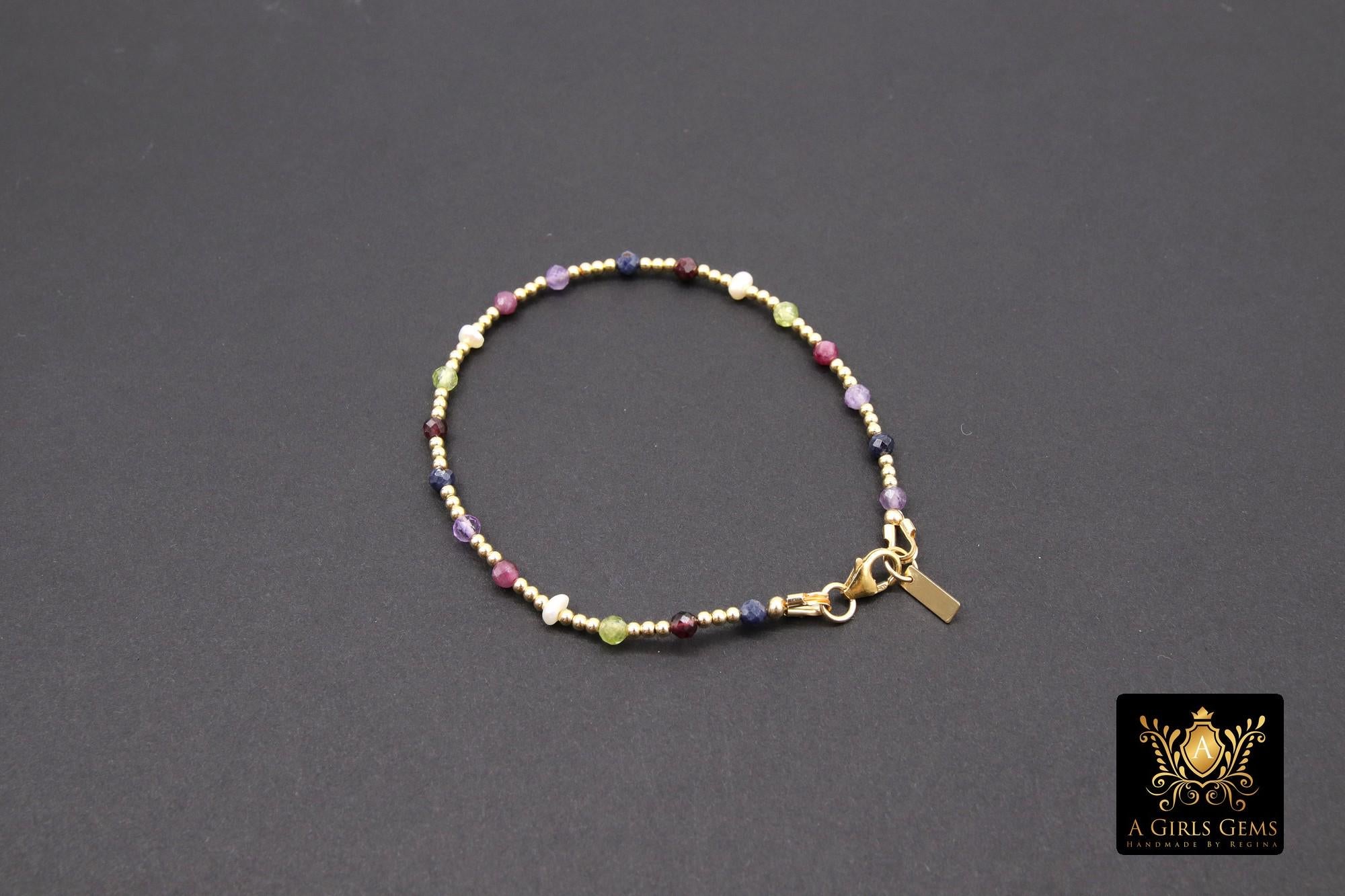 14 K Gold Filled Beaded Gemstone Bracelet, Women's Multi Color Semin Precious Beaded Bracelet, 3 mm Stacking Bracelet