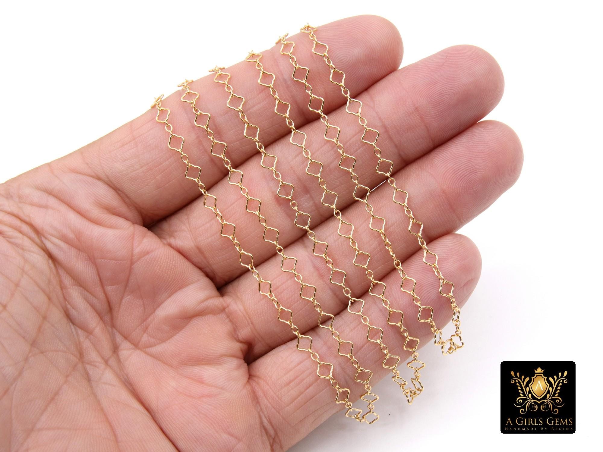 14 K Gold Filled Clover Chain, 4.5 mm Quatrefoil 925 Sterling Silver Links CH# 768, Unfinished Dainty Chain CH# 841