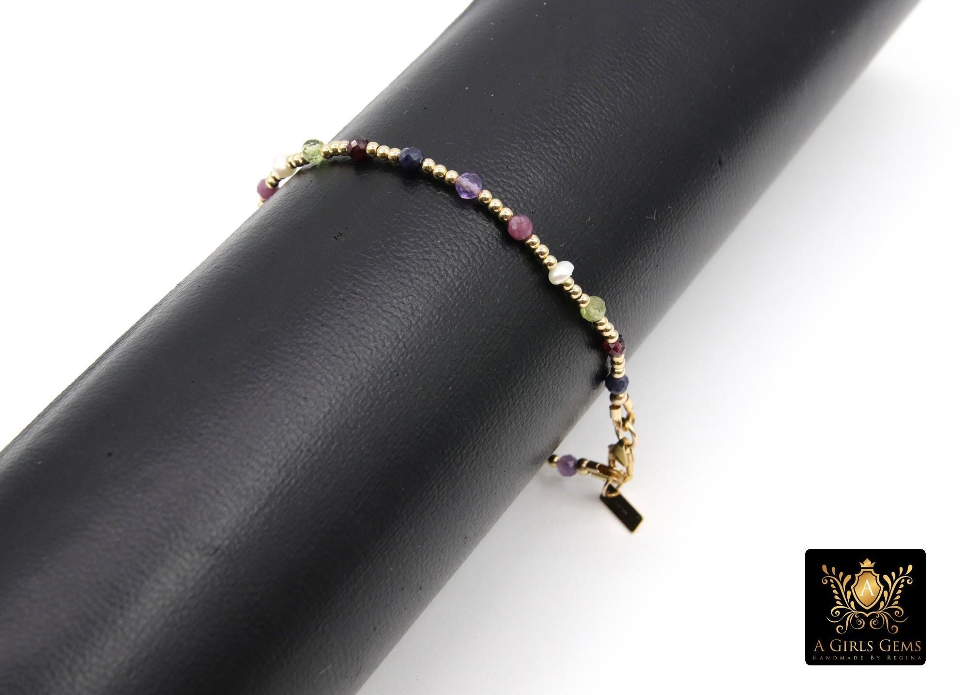 14 K Gold Filled Beaded Gemstone Bracelet, Women's Multi Color Semin Precious Beaded Bracelet, 3 mm Stacking Bracelet