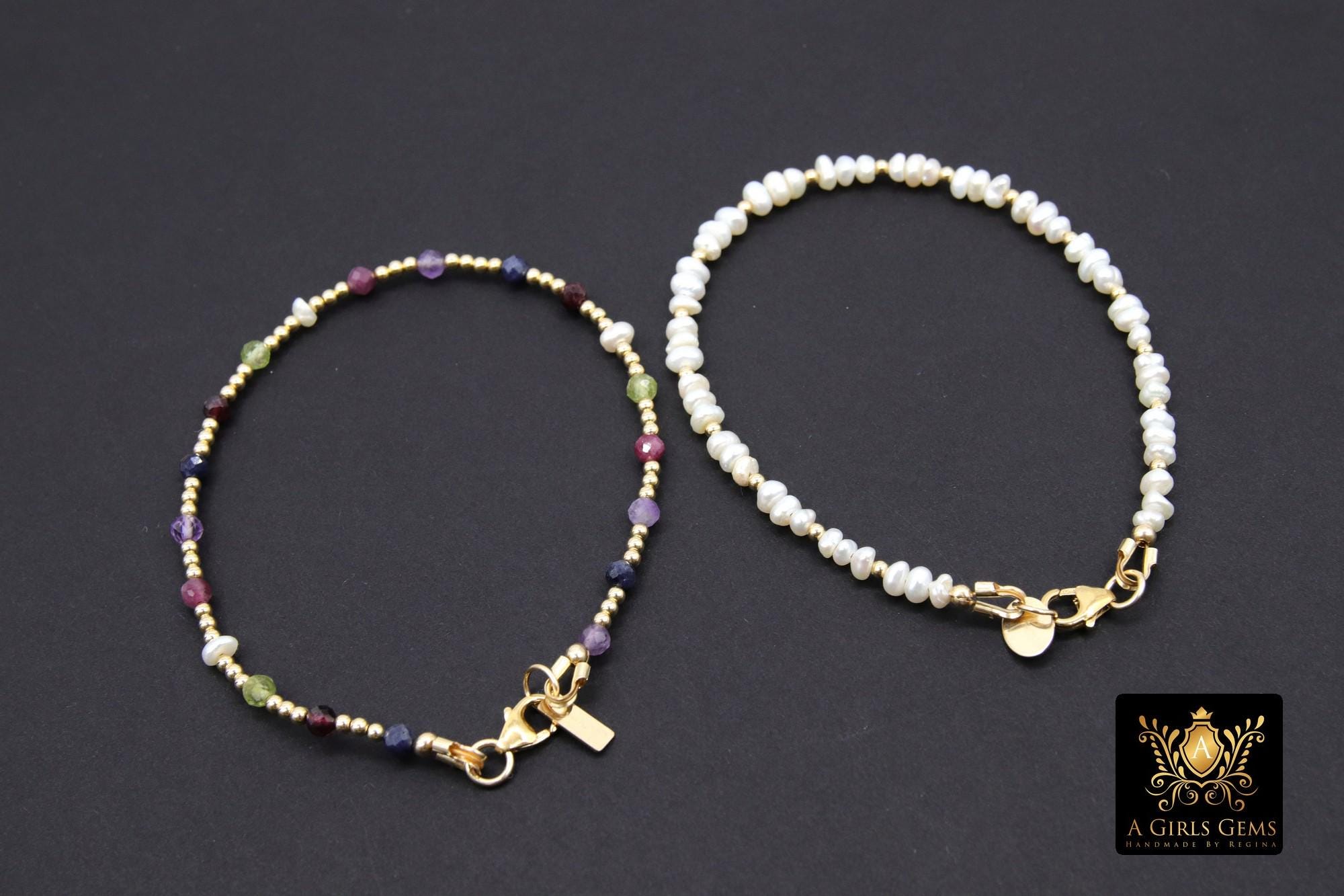 14 K Gold Filled Beaded Gemstone Bracelet, Women's Multi Color Semin Precious Beaded Bracelet, 3 mm Stacking Bracelet