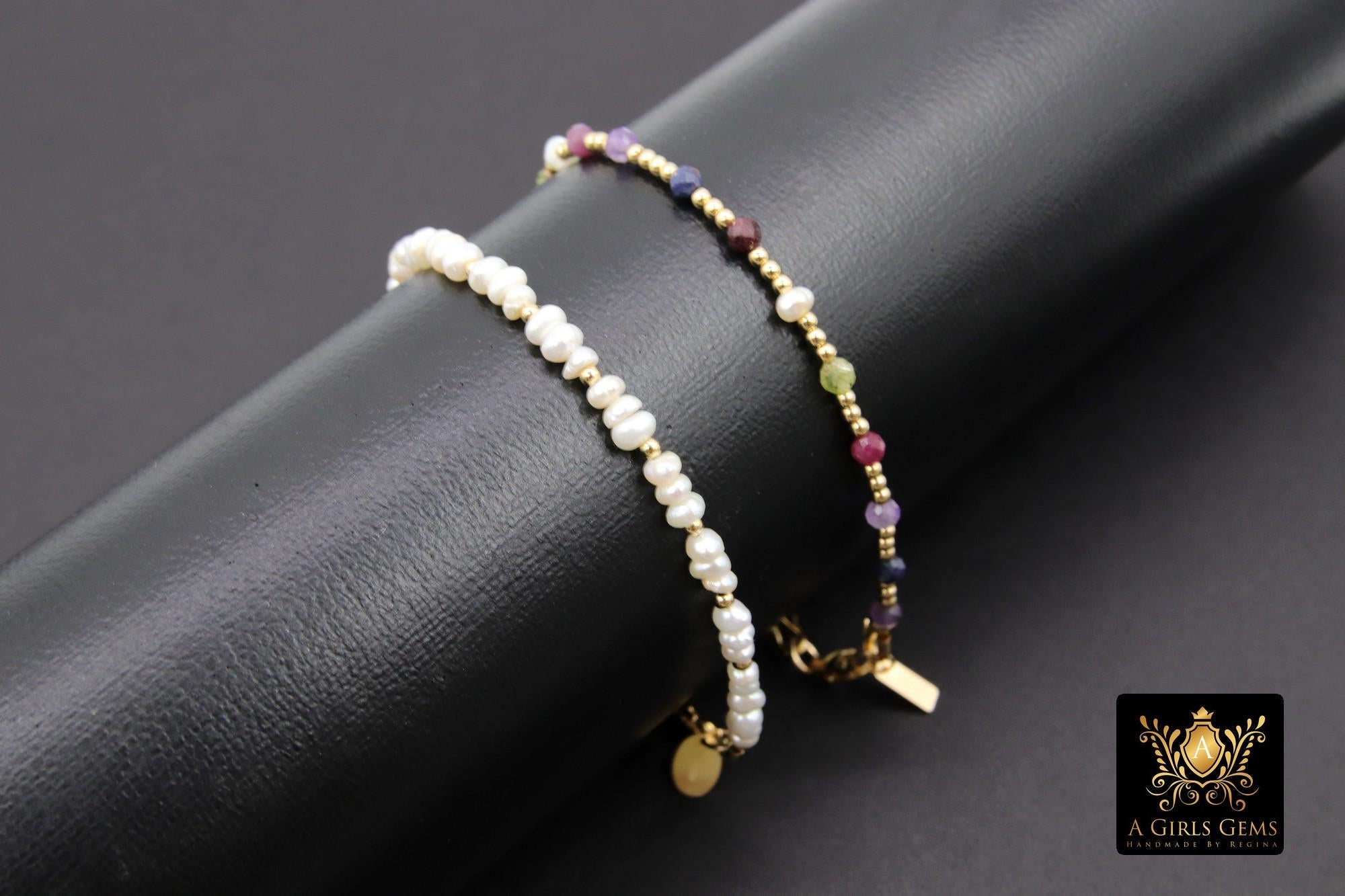14 K Gold Filled Beaded Pearl Bracelet, Women's Natural Freshwater Pearls Beaded Bracelet, 4 mm Stacking Bracelet