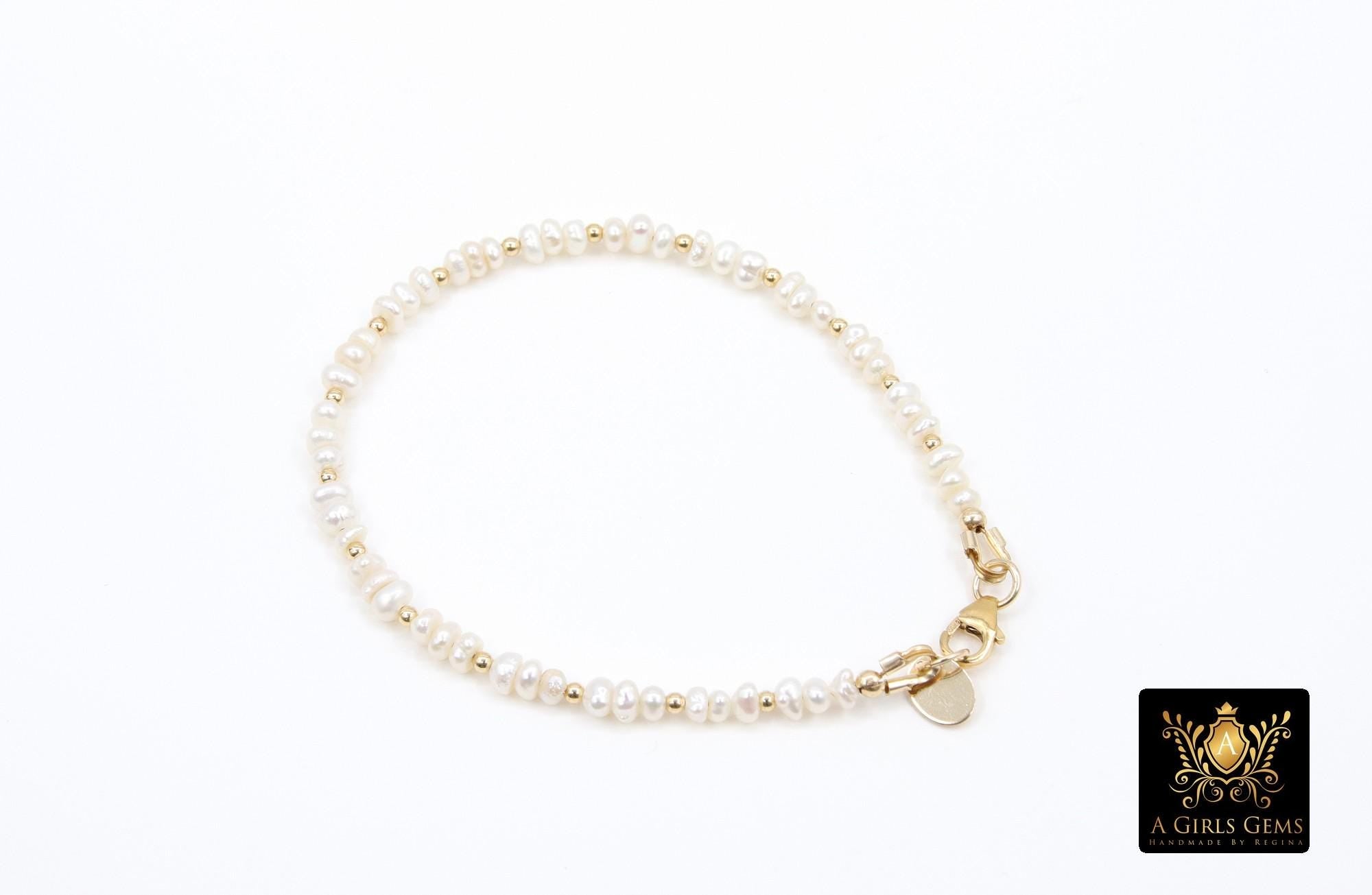 14 K Gold Filled Beaded Pearl Bracelet, Women's Natural Freshwater Pearls Beaded Bracelet, 4 mm Stacking Bracelet