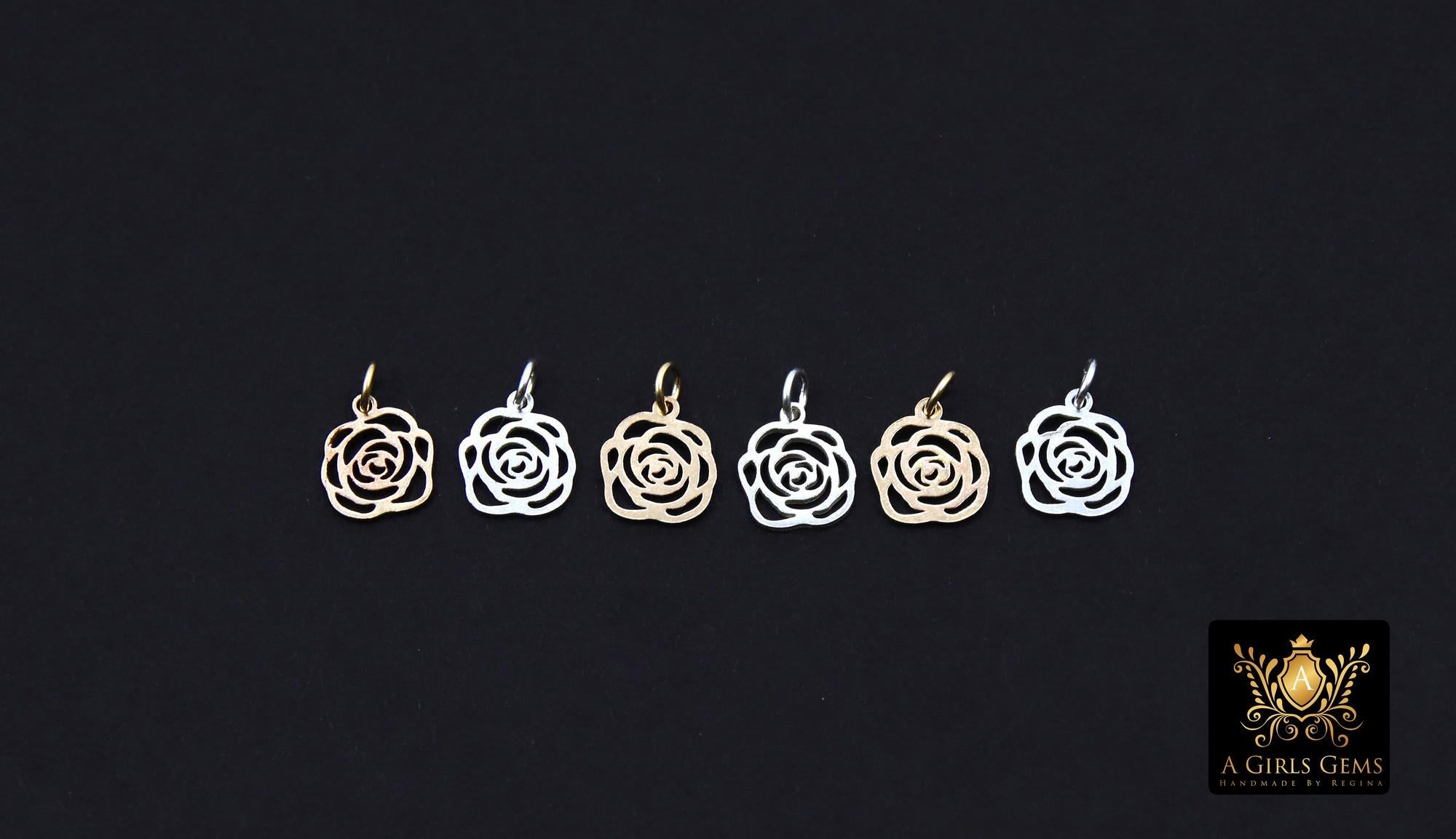 14 K Gold Filled Camellia Charms, 925 Sterling Silver Rose Flower Charms #927, 8 mm Gold Love Devotion Floral Charms