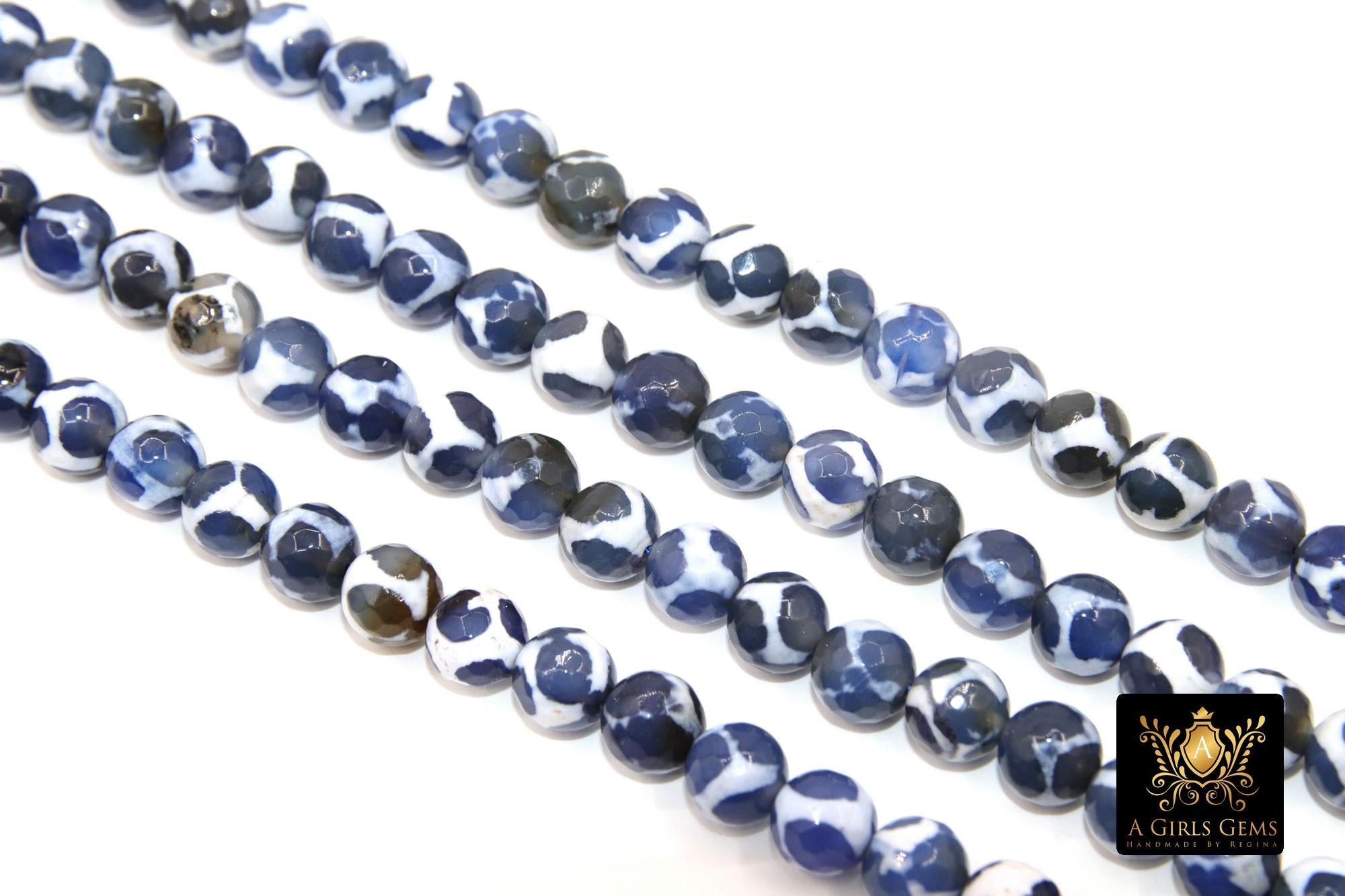 DZI Tibetan Bead Strand, Blue and White Smooth Round Beads, 8 mm Beads