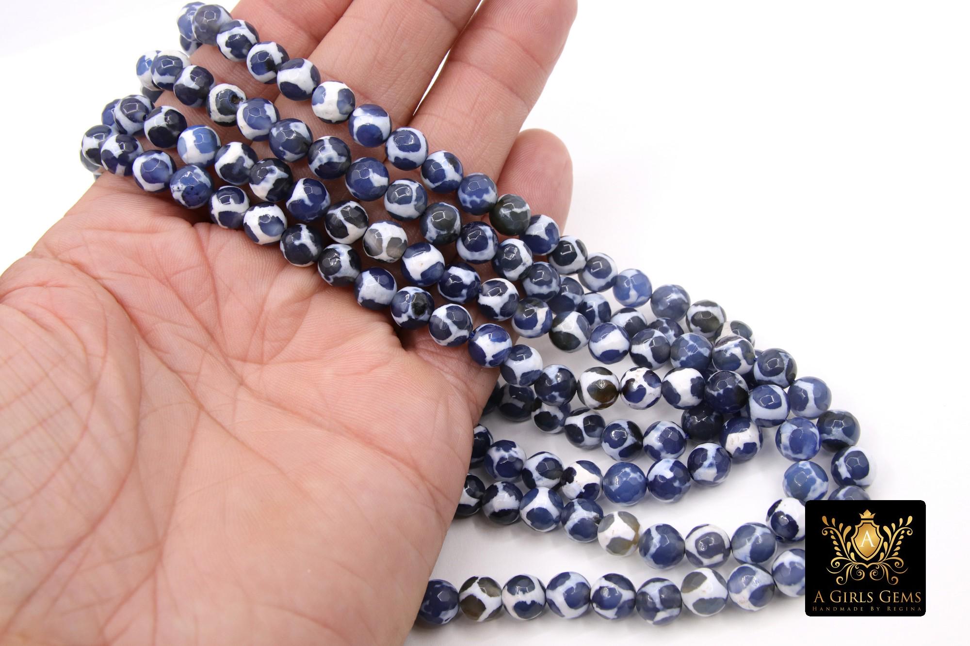DZI Tibetan Bead Strand, Blue and White Smooth Round Beads, 8 mm Beads