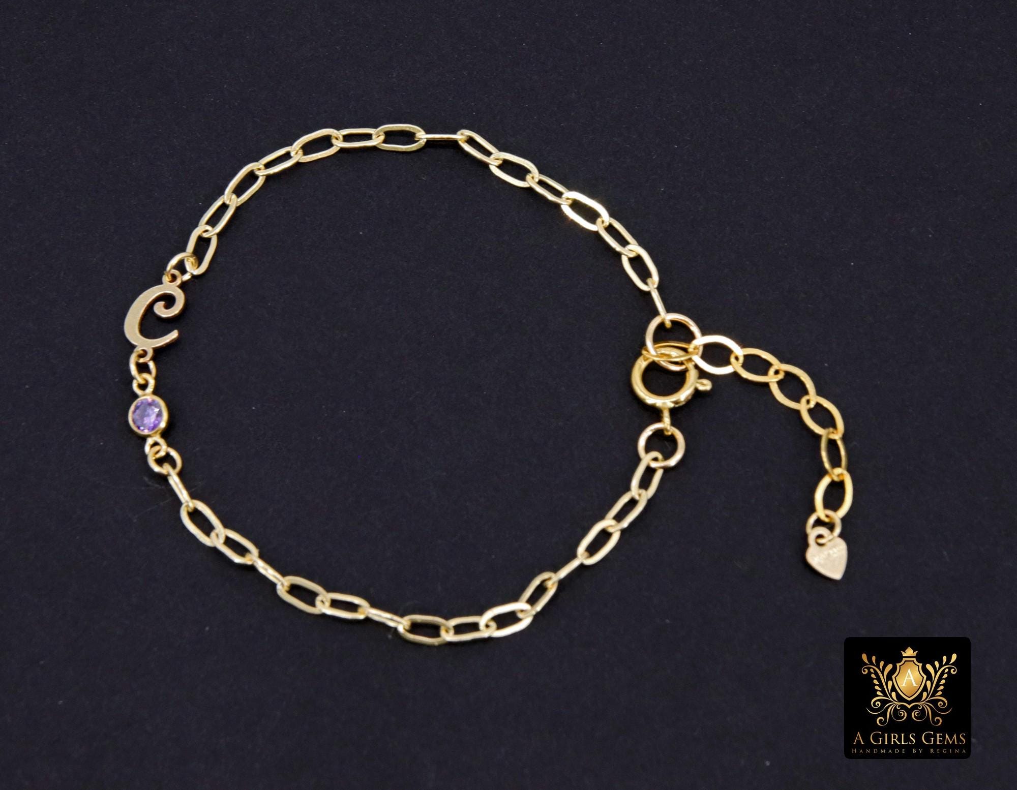 14 K Gold Filled Paperclip Initial CZ Chain Bracelet, Birthstone Charm Bracelet, Adjustable