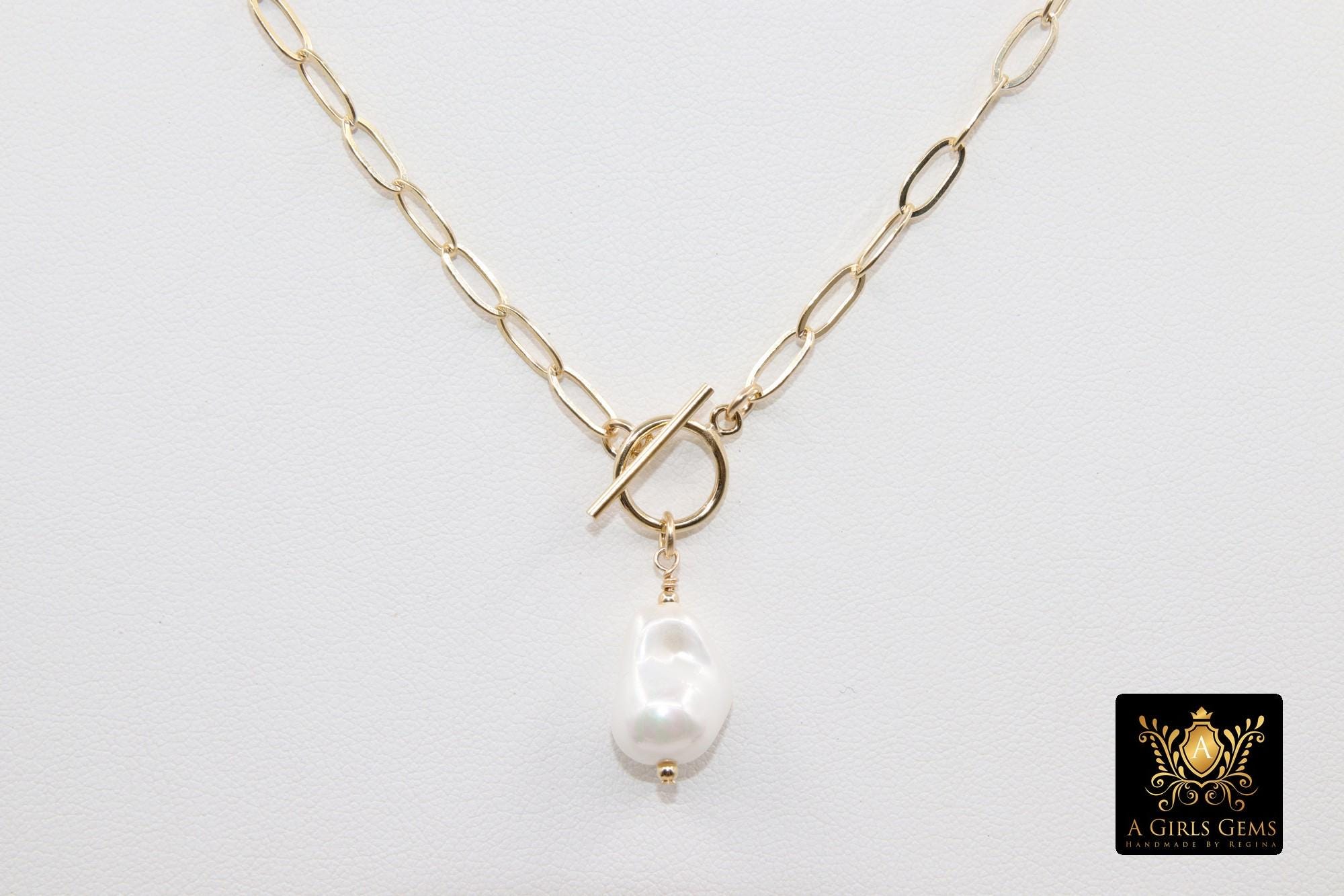 14K Gold Filled Baroque Pearl Paperclip Chain Necklace
