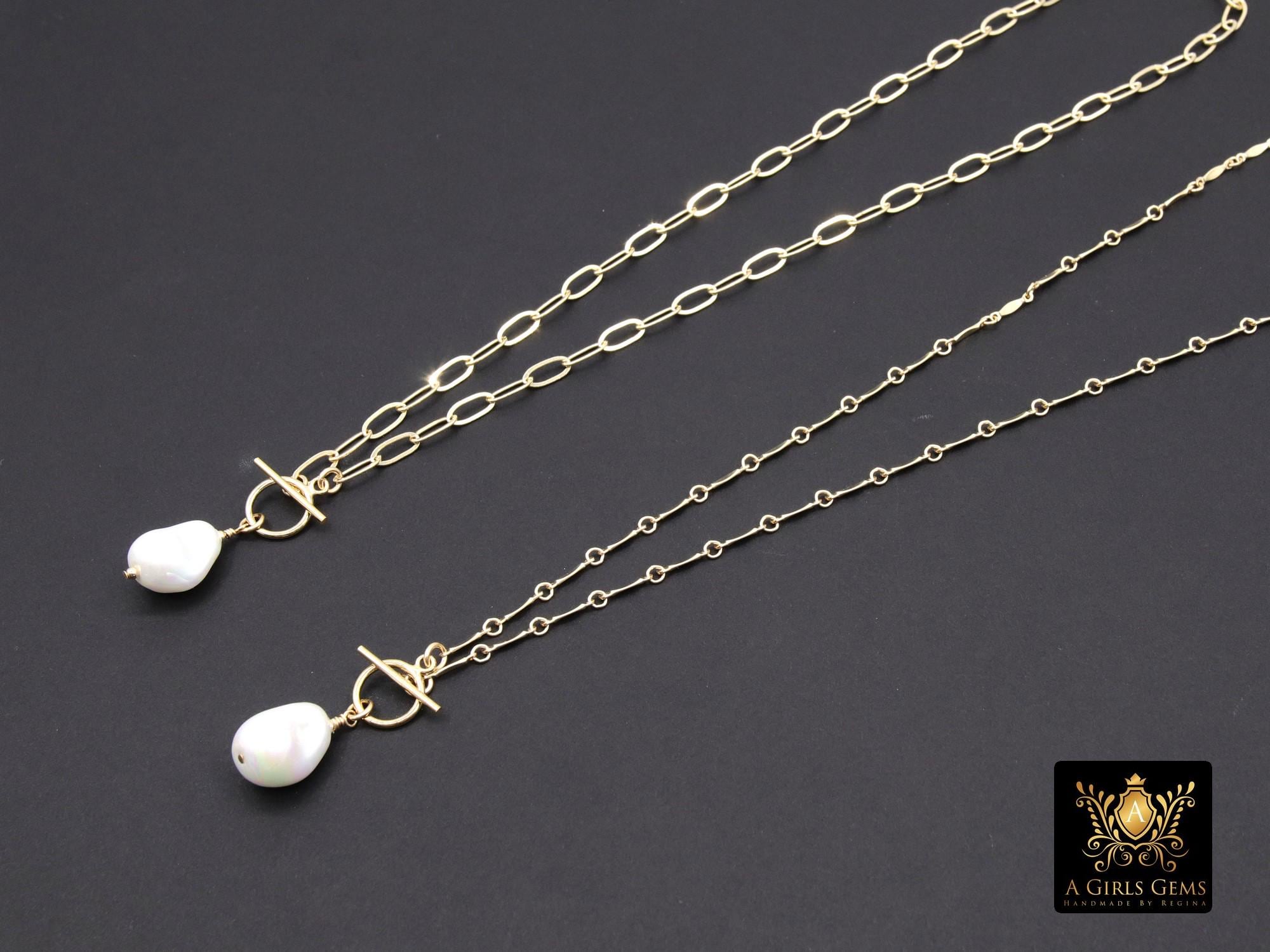 14 K Gold Filled Large Pearl Necklace, Genuine 14 K Gold Filled Dap Bar Chain Necklace, Baroque Pearls Bar Chain