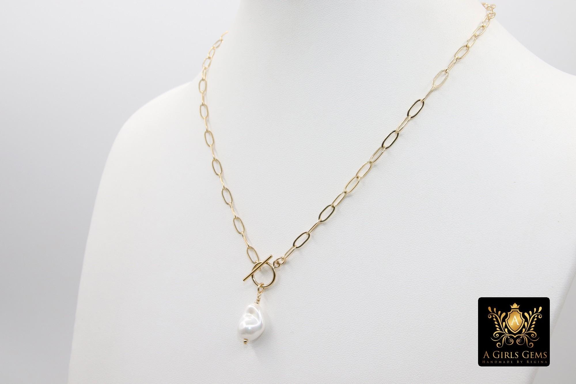 14 K Gold Filled Large Pearl Necklace, Genuine 14 K Gold Filled Paperclip Chain Necklace, Baroque Pearls Paperclip Oval Chain