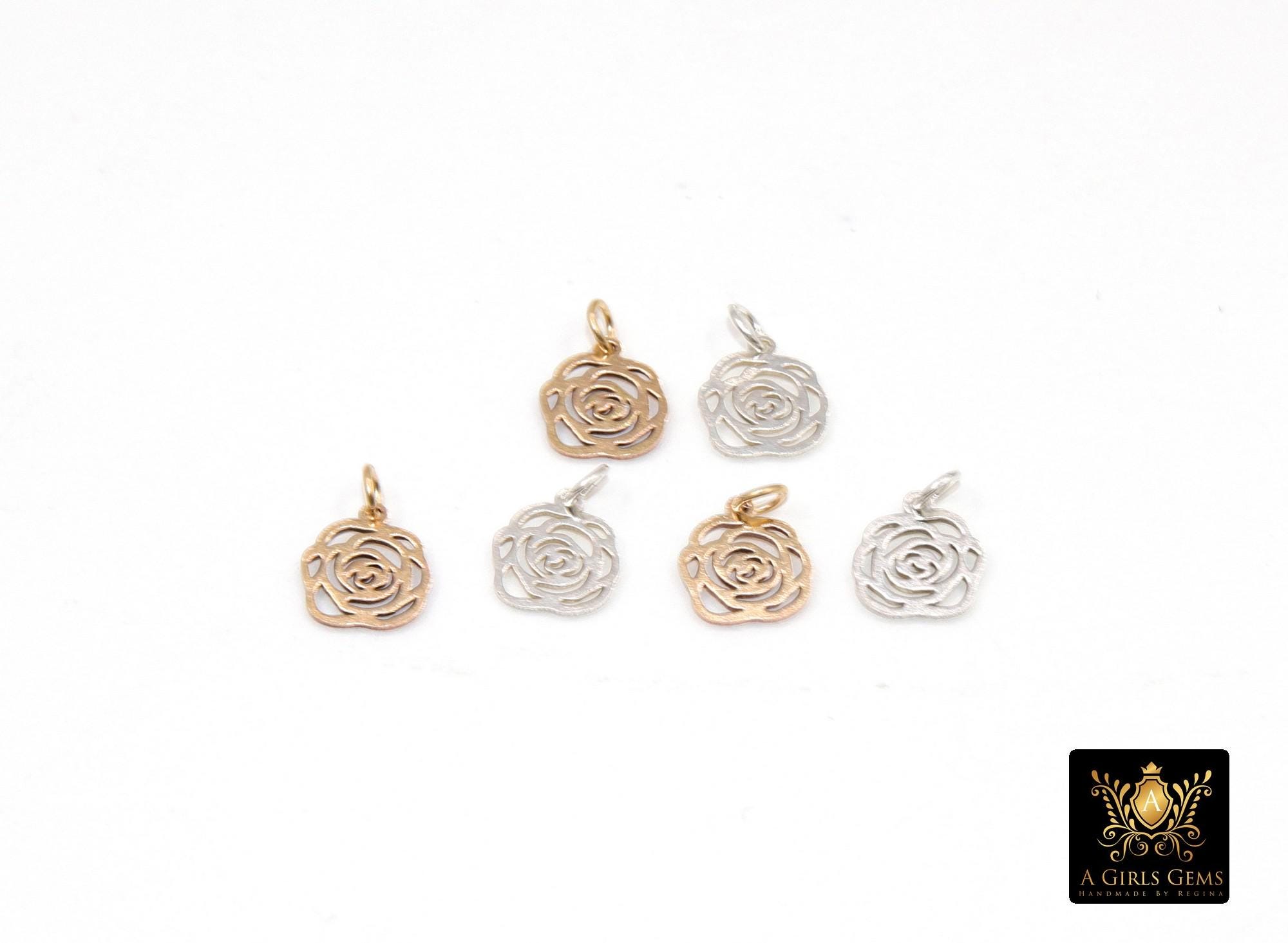 14 K Gold Filled Camellia Charms, 925 Sterling Silver Rose Flower Charms #927, 8 mm Gold Love Devotion Floral Charms