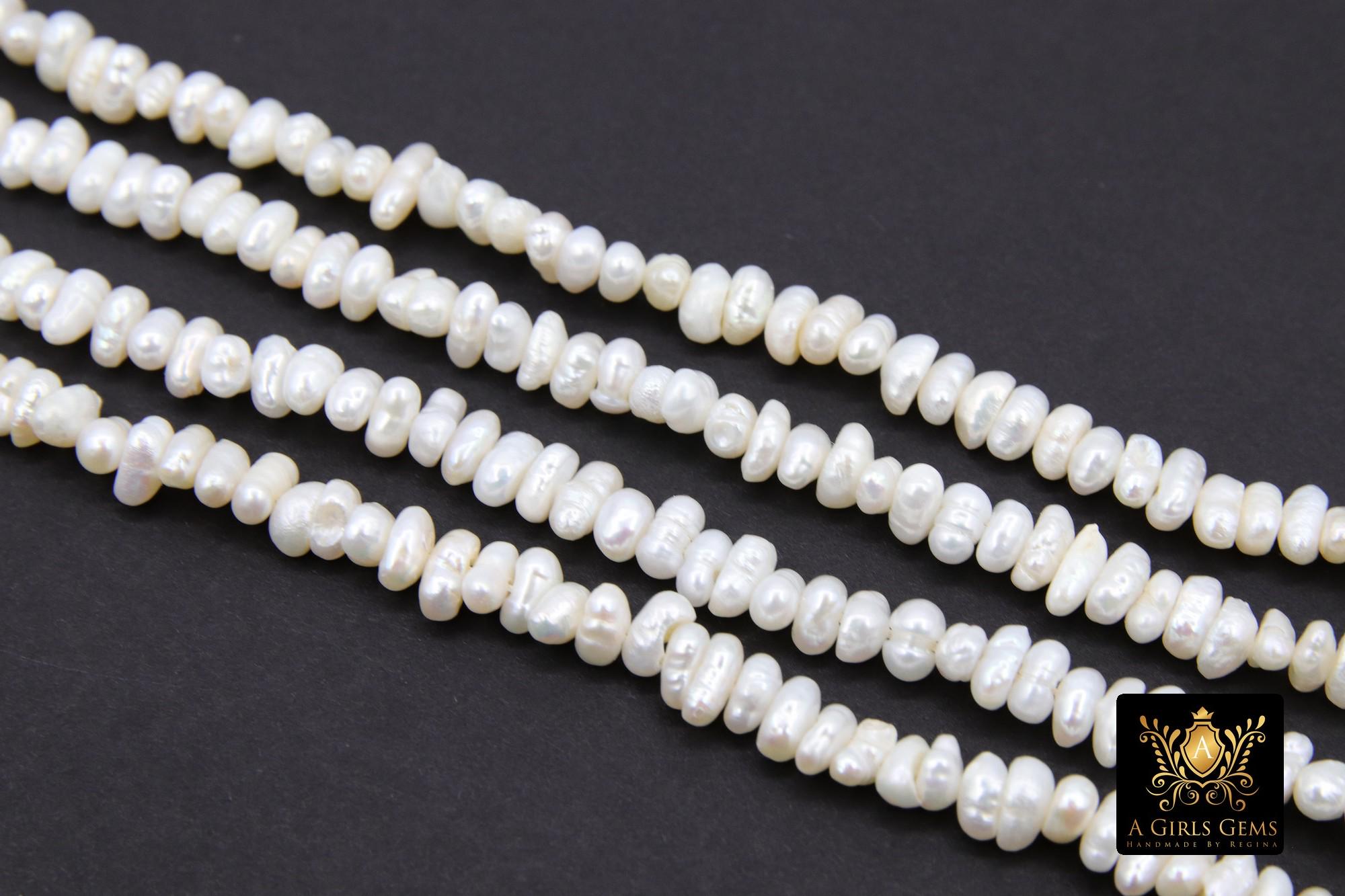 Genuine White Pearl Rondelle Bead Strands, 4 mm White Baroque Pearl Beads, Freshwater Pearl, 14 Inch Button Flat Bead Strand