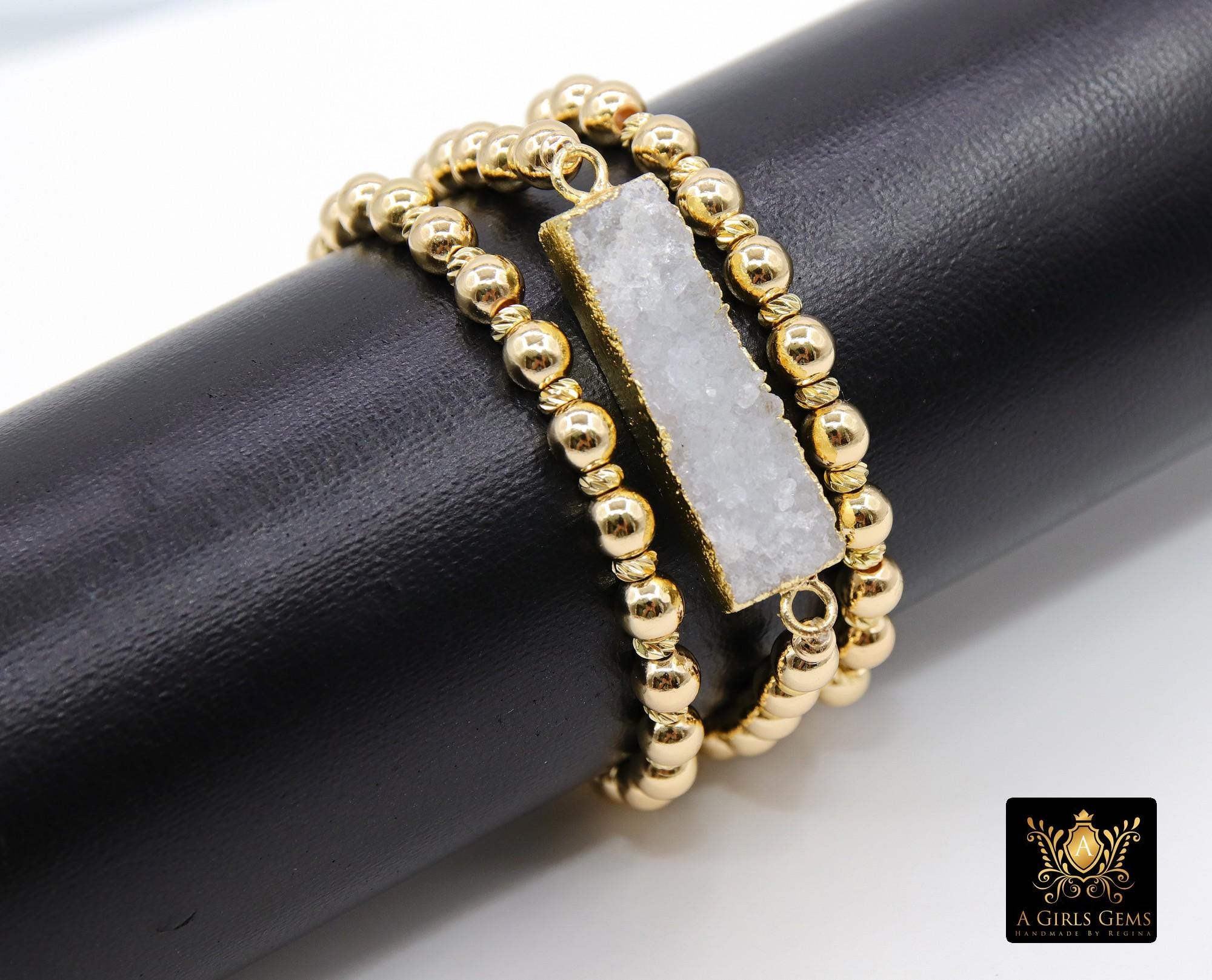 White Druzy Bar Beaded Bracelet, Rectangle Druzy Gold Stretchy Bracelet #795, 6 mm Round Beaded Rondelle Heishi Bracelet, Mom Beaded Bangles