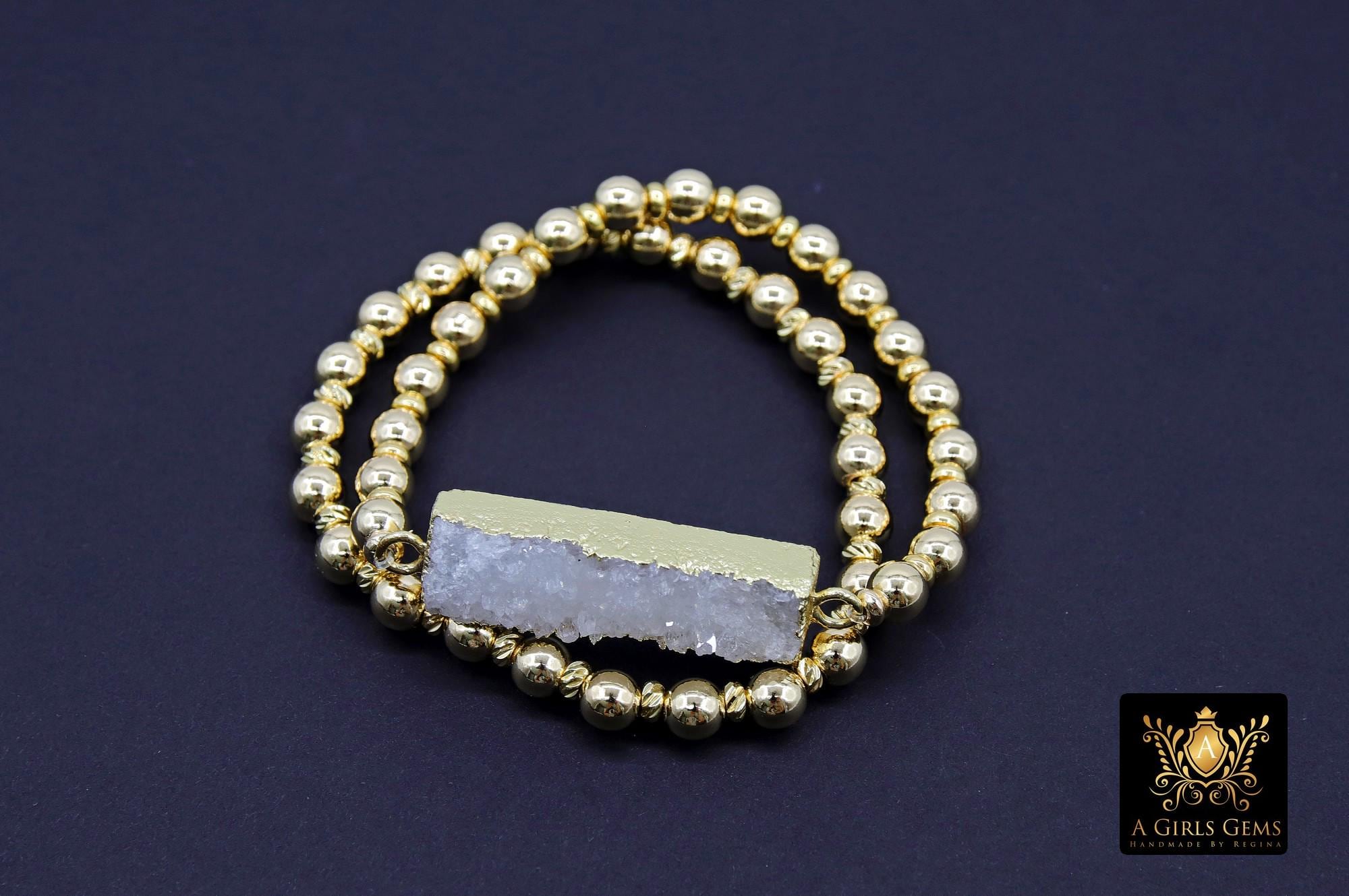 White Druzy Bar Beaded Bracelet, Rectangle Druzy Gold Stretchy Bracelet #795, 6 mm Round Beaded Rondelle Heishi Bracelet, Mom Beaded Bangles