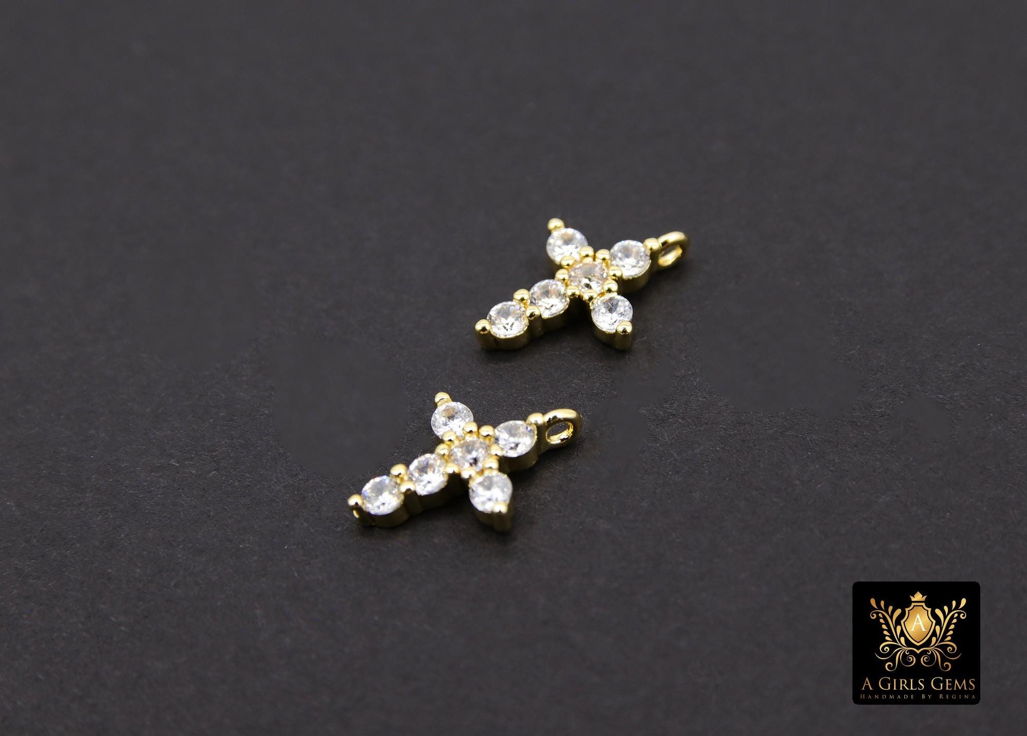 Gold CZ Cross Charms, Cubic Zirconia Cross Charms With Perpendicular Loops #2649, Lariat Cross Charms