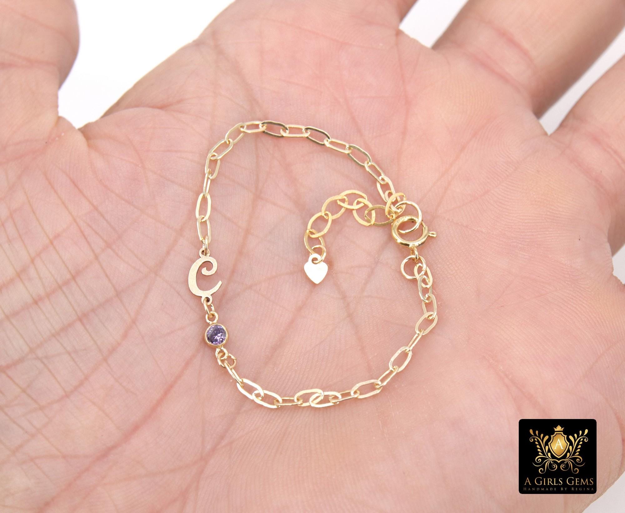 14 K Gold Filled Paperclip Initial CZ Chain Bracelet, Birthstone Charm Bracelet, Adjustable