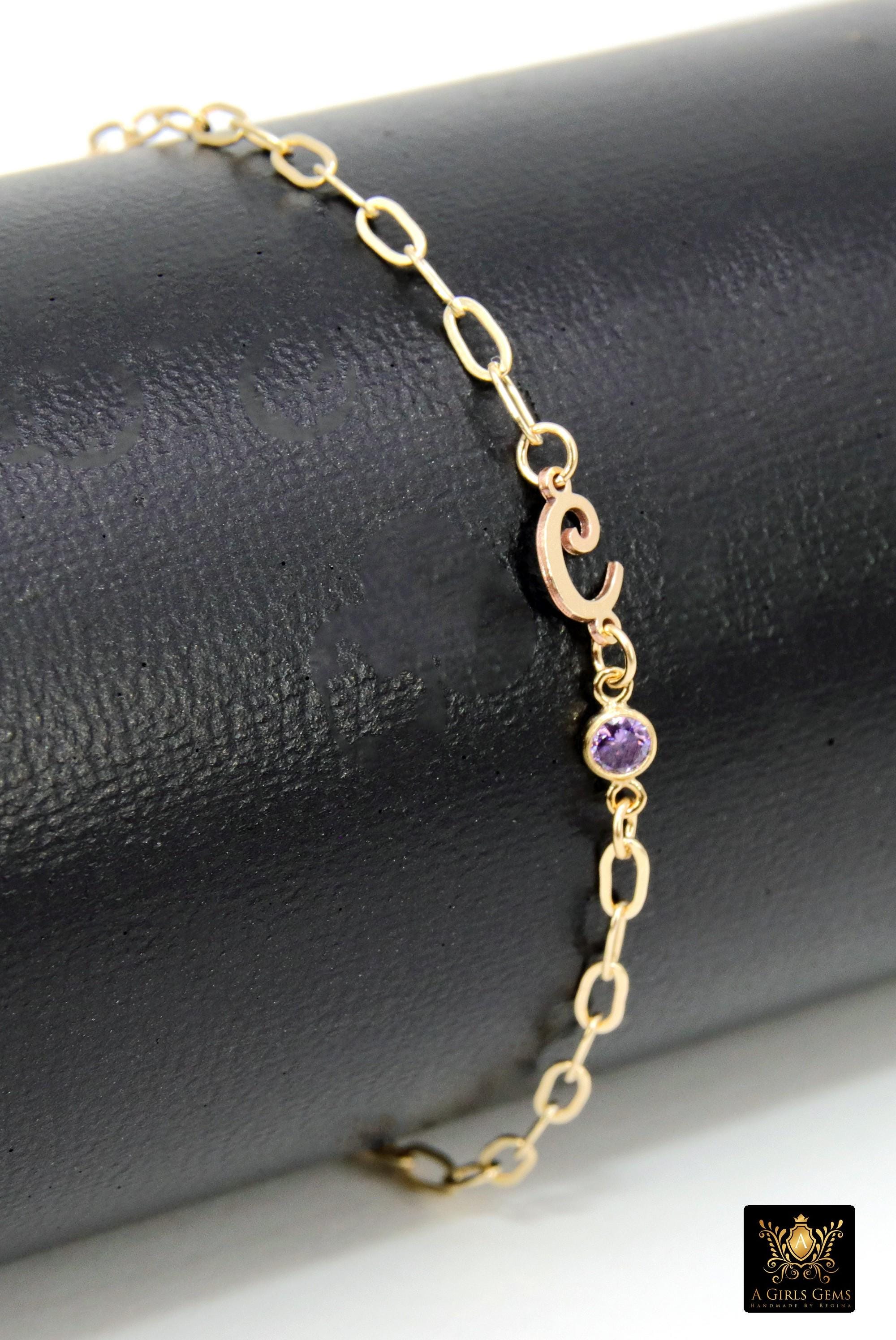 14 K Gold Filled Paperclip Initial CZ Chain Bracelet, Birthstone Charm Bracelet, Adjustable